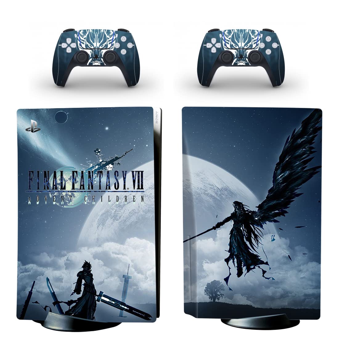 PS5 Standard Disc Console & Controllers Skin - Final Fantasy Cloud Sticker Decal Anime Wrap (Blue) | Protective Cover for Gaming Setup & Customization
