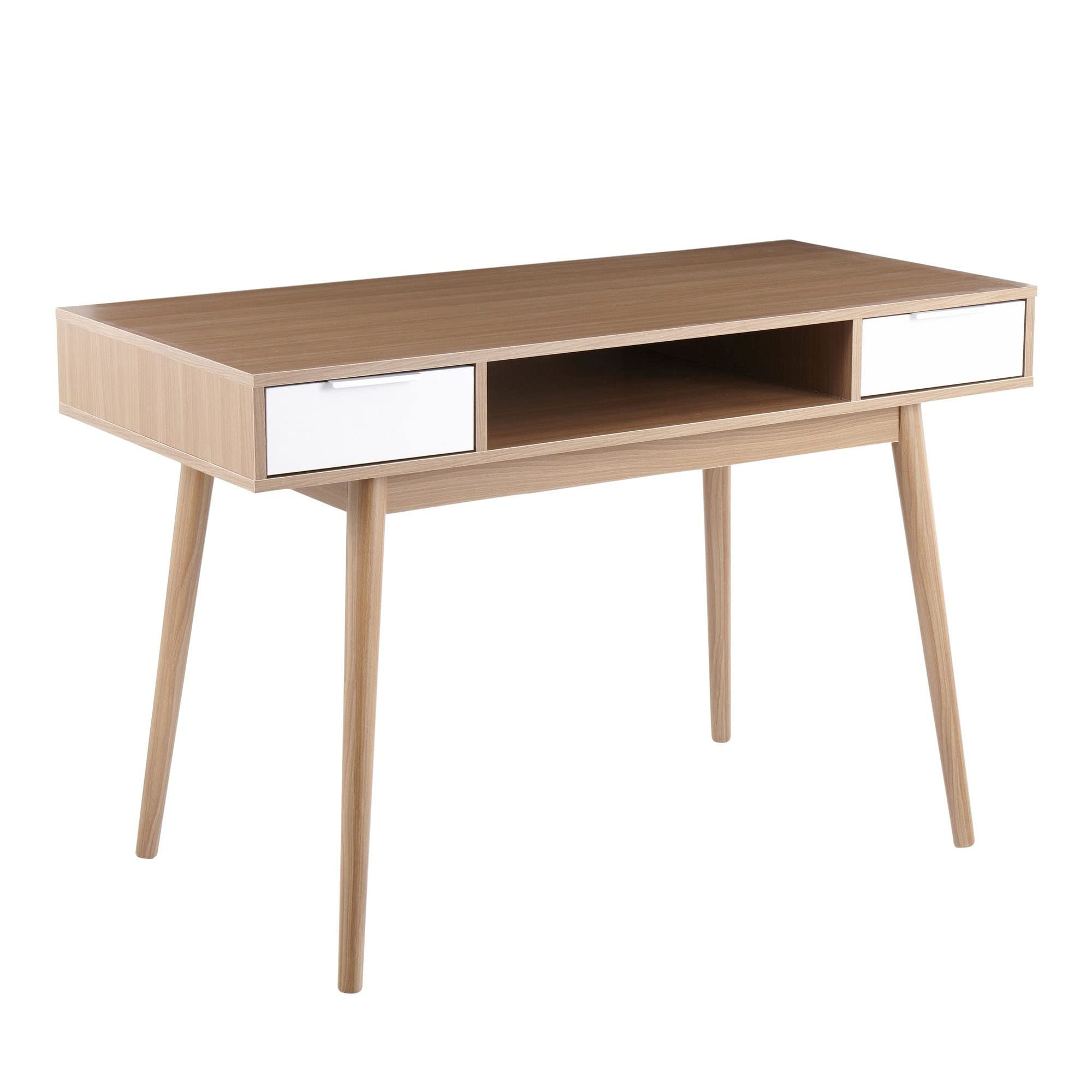 LumiSource Pebble Double Desk - Modern Home Office & Computer Desk with Drawers | Natural Wood & White Finish | Compact Bedroom & Gaming Desk for Small Spaces | Perfect for Remote Work, Study & Gaming Setup