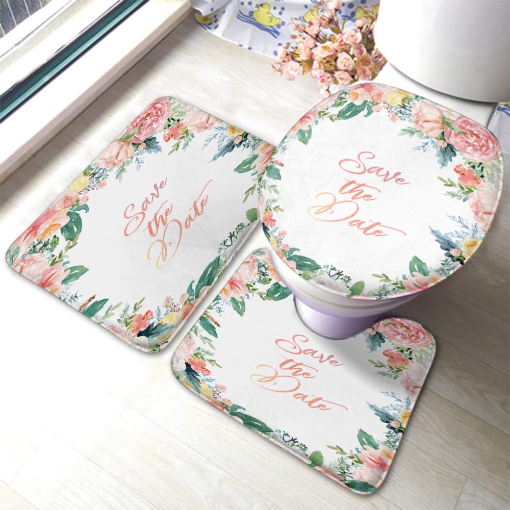 Moslion Save The Date Bathroom Rug Set - 3 Piece Watercolor Floral Non-Slip Bath Mats for Wedding, Anniversary & Home Decor | Absorbent Bathroom Rugs for Shower, Tub & Toilet | Perfect for Ceremonies, Bedrooms & Guest Bathrooms