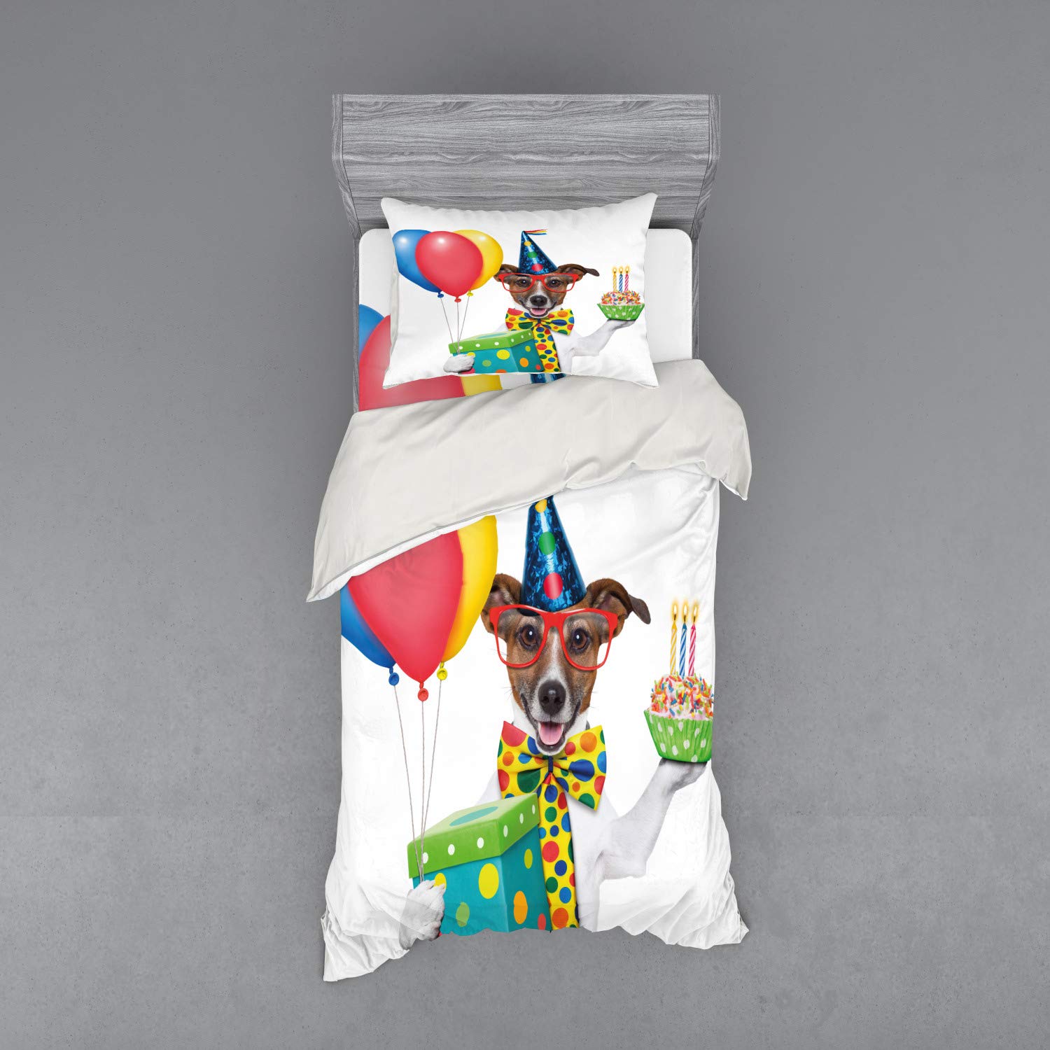 Ambesonne Birthday Party Bedding Set - 3 Piece Duvet Cover with Sham & Fitted Sheet, Twin Size, Waiter Server Dog Design with Hat, Cone & Cupcake Balloons - Colorful Celebration Bedding for Kids Room, Dorm & Sleepover Parties