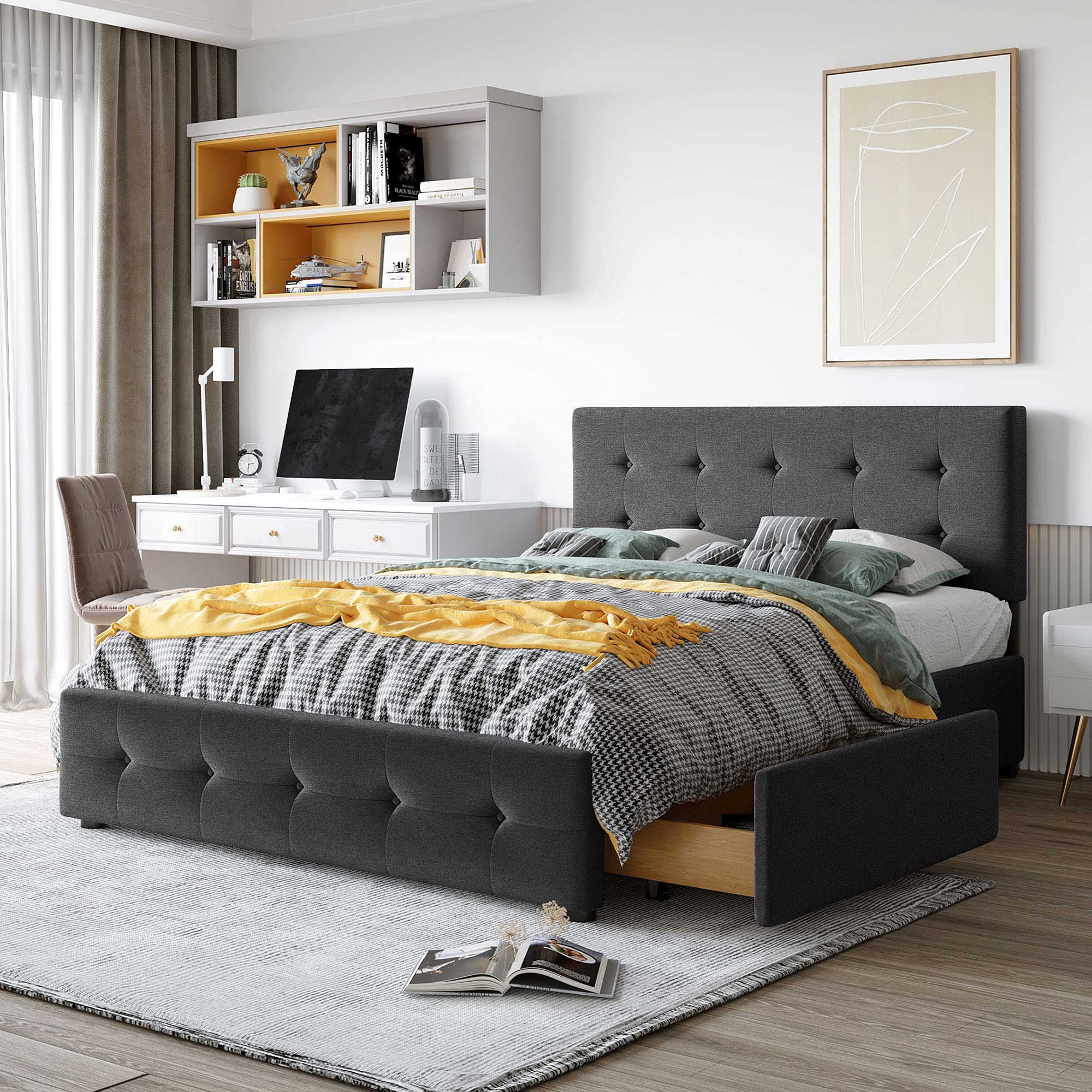 Queen Size Modern Upholstered Platform Bed with 4 Large Storage Drawers - Button Tufted Headboard, Wooden Slats & Center Support Legs - No Box Spring Required (Dark Gray) - Perfect for Master Bedrooms, Guest Rooms & Small Space Living