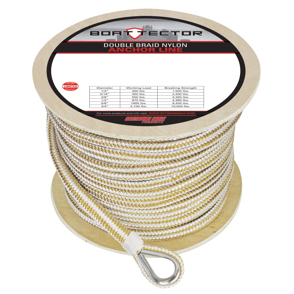 Extreme Max BoatTector Premium Double Braid Nylon Anchor Rope with Thimble - Heavy Duty Marine Mooring Line for Boats, Yachts & Watercraft - Saltwater & Freshwater Use