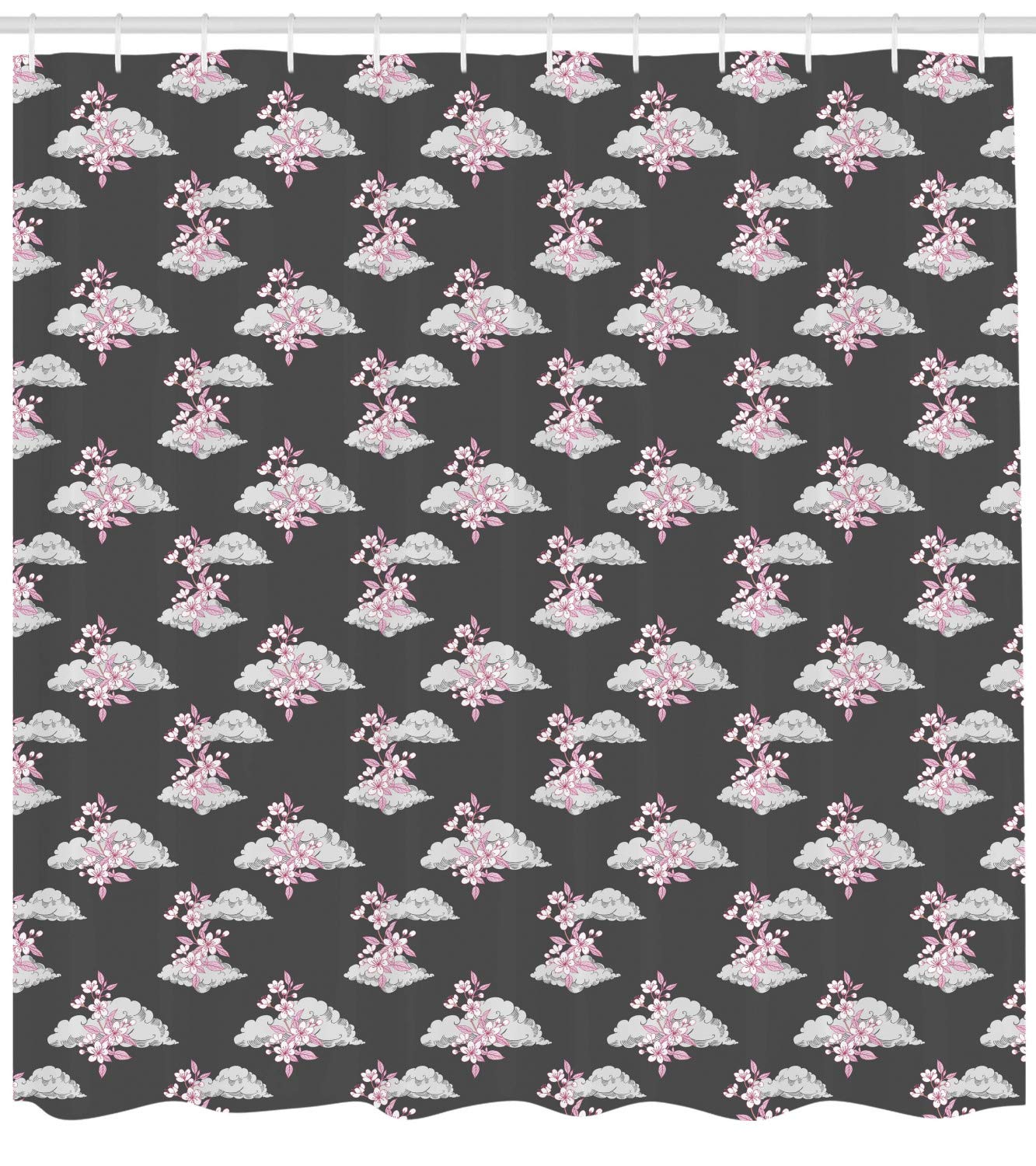 Ambesonne Floral Shower Curtain - Japanese Cherry Blossom Design on Cloud Background, Soft Fabric Bathroom Decor with Hooks, 69x70 Inches, Dimgray Pale Pink - Perfect for Spring Bathroom Refresh & Spa-Like Retreats