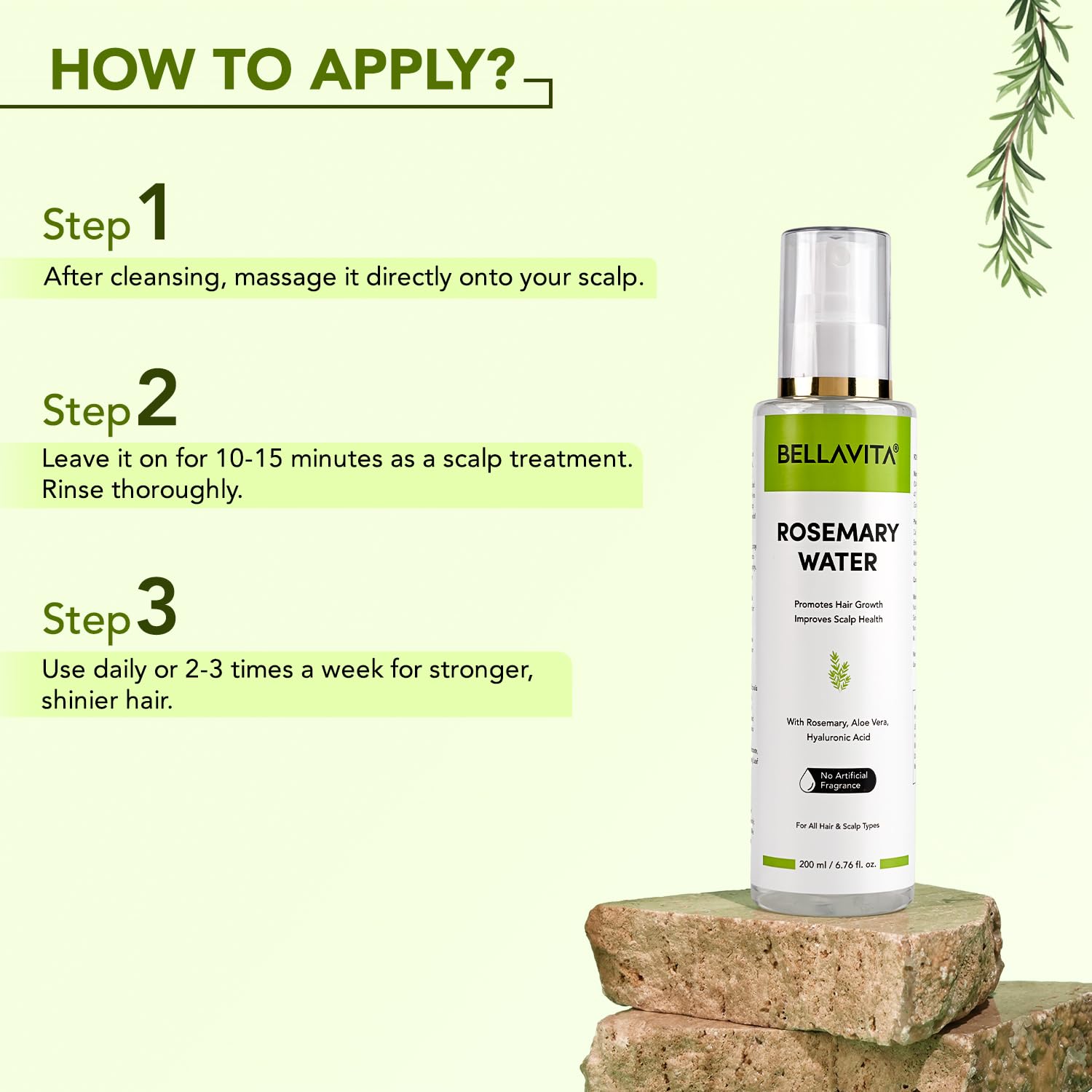 Bellavita Rosemary Water Hair Spray for Frizzy Hair - Adds Shine & Hydration | All Hair Types | 200ml | Perfect for Daily Styling, Heat Protection & Hair Revitalization