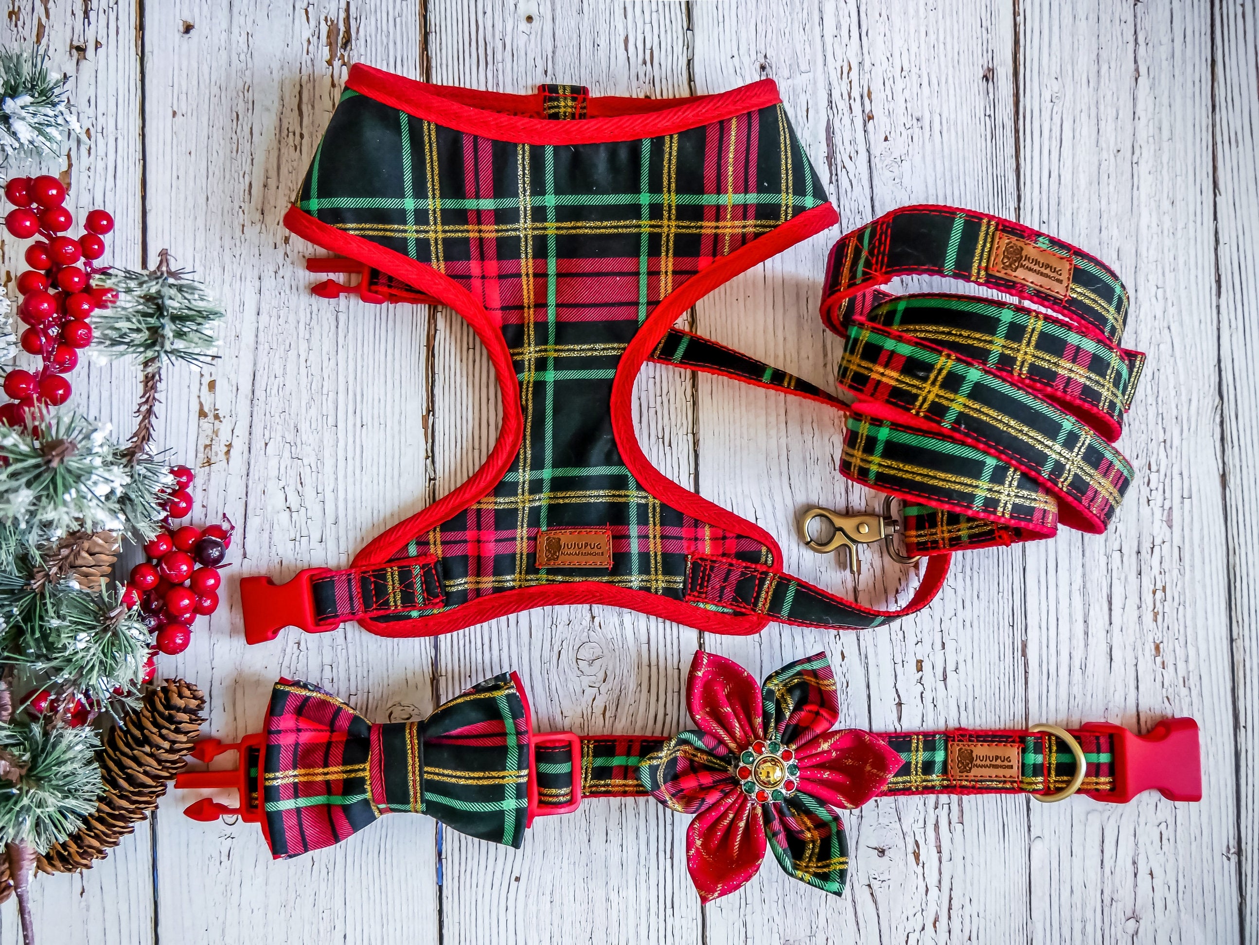 Christmas Glitter Plaid Dog Harness Set - Adjustable Pet Vest for Small Medium Large Dogs - Perfect for Holiday Walks & Festive Outings