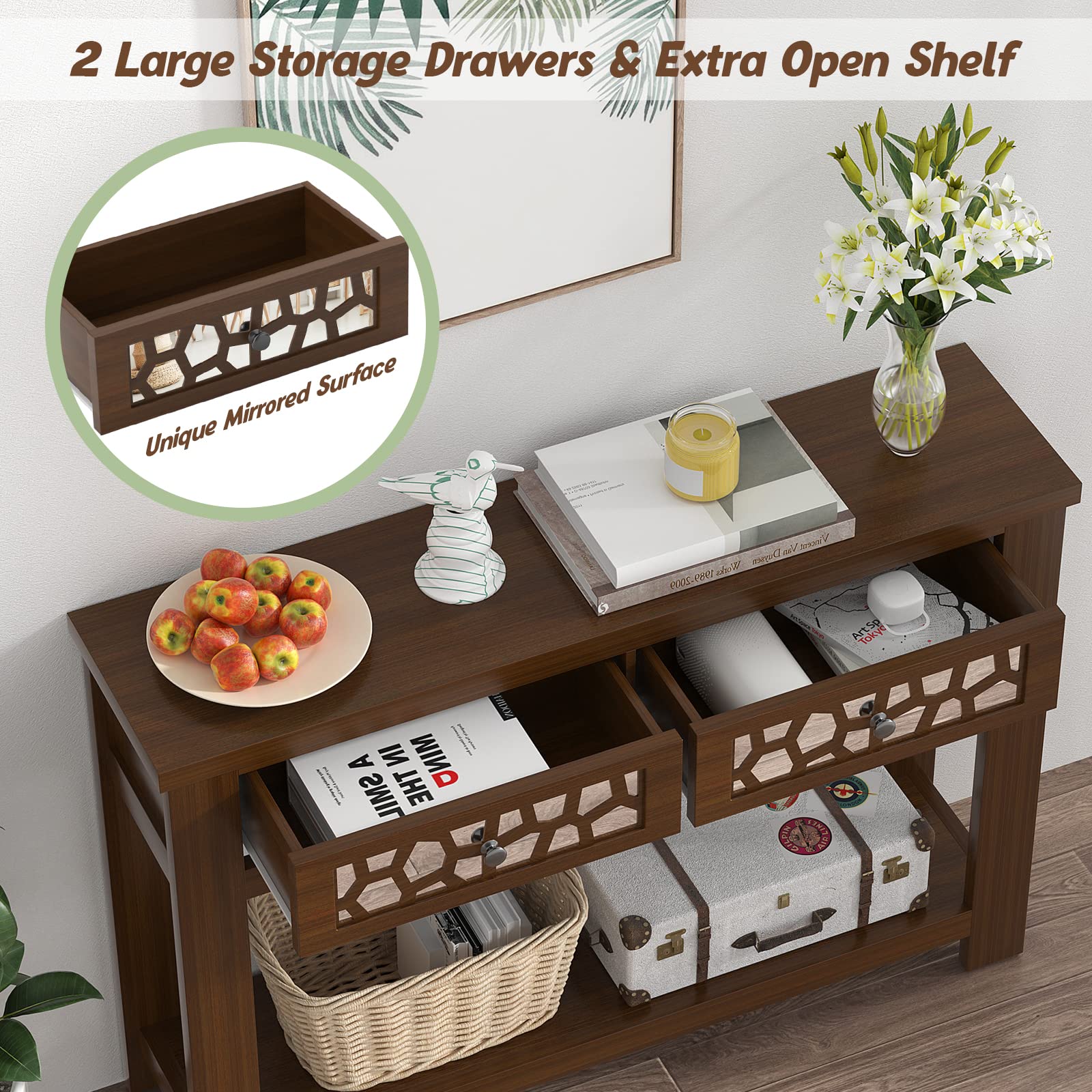 Giantex 2-Tier Wooden Console Table with 2 Drawers & Open Shelf - Rustic Brown Entryway Table for Living Room, Hallway & Foyer - Easy Assembly Rectangular Accent Table for Home Decor & Storage