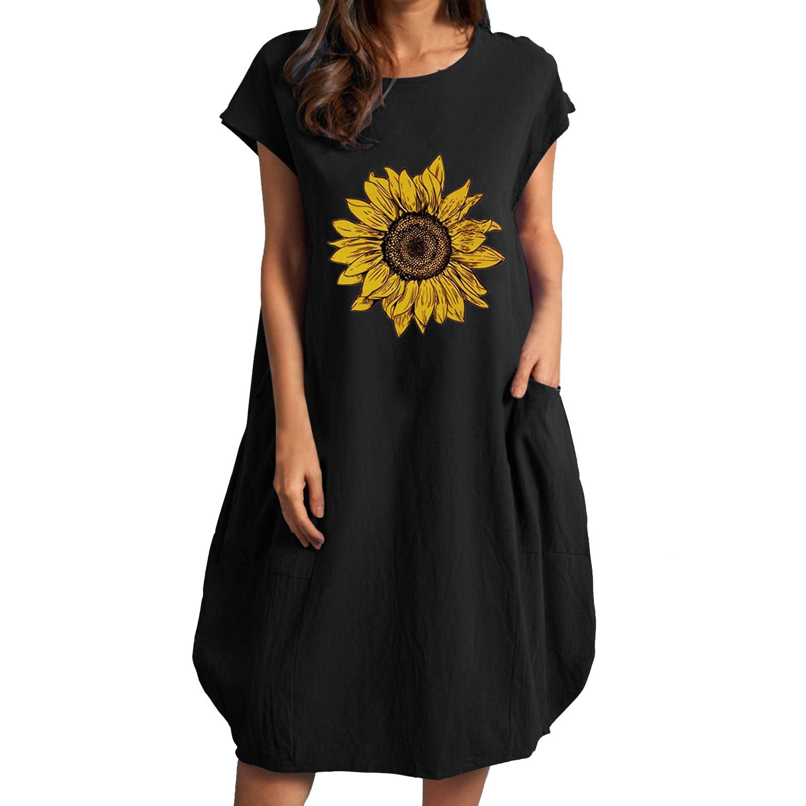 Sunflower Print Loose Short Sleeve Summer Dress for Women - Round Neck Casual Dress with Pockets | Beach Outfit, Vacation Wear & Outdoor Summer Fashion