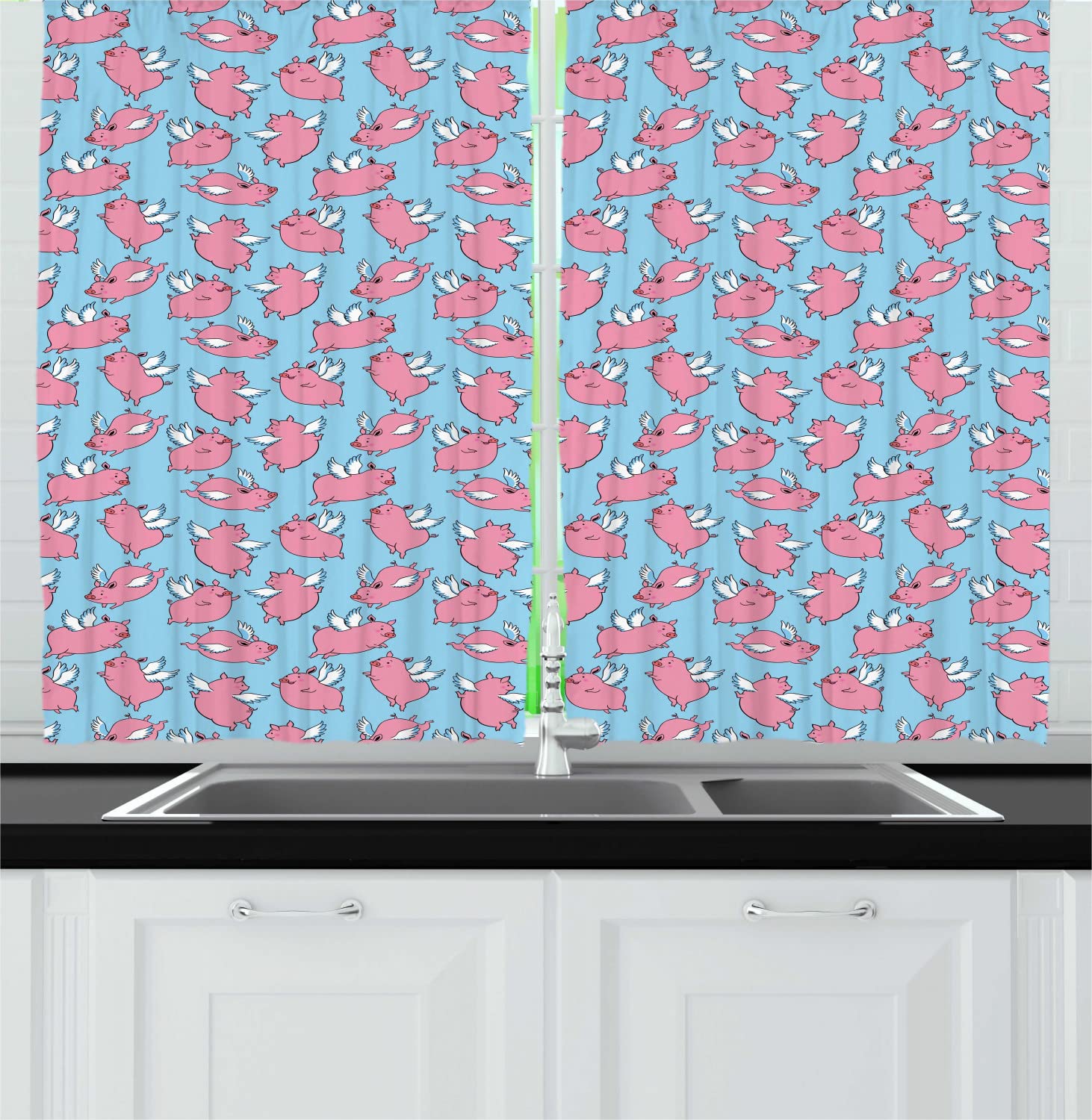 Ambesonne Vibrant Long Kitchen Curtains - Cartoon Flying Piglets Wings Pattern, 2 Panel Rod Pocket Drapes, 55