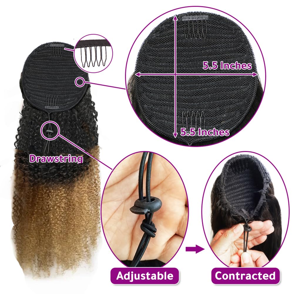 Two Tone 1B/27 Kinky Curly 4C Human Hair Ponytail Extension - 24 Inch 110g Natural Black to Honey Blonde Clip-in Drawstring Ponytail for Women | Perfect for Protective Styling, Parties & Everyday Wear