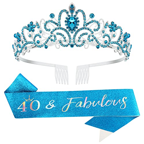 40th Birthday Sash & Tiara Set for Women - Blue '40 & Fabulous' Birthday Crown & Decorations - Perfect 40th Birthday Gift Ideas for Women, Parties & Celebrations
