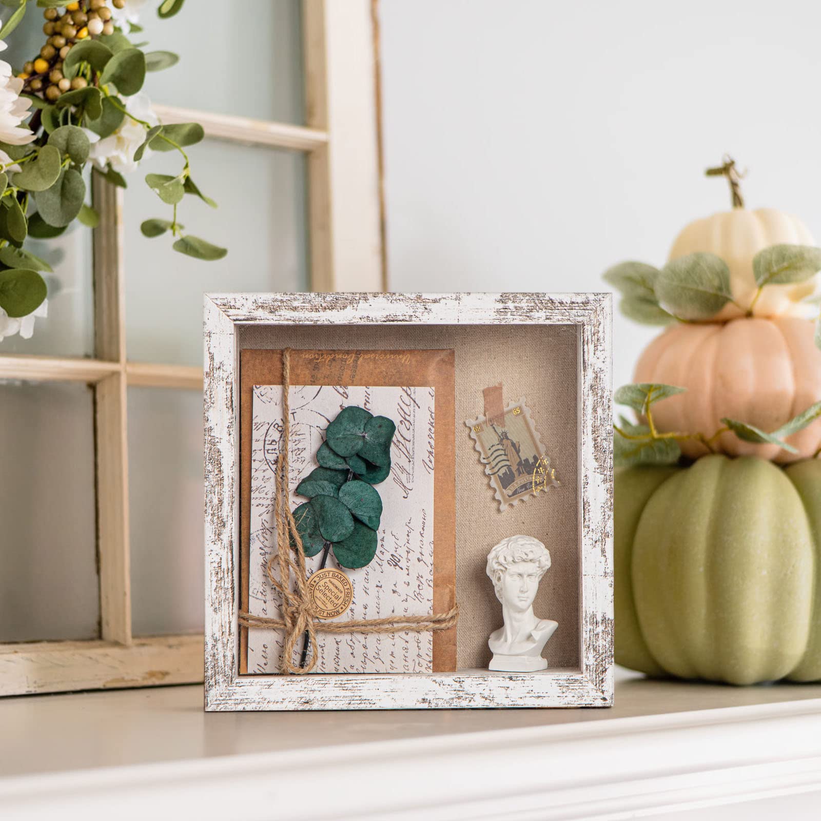 8x8 Shadow Box Frame with Soft Linen Back - Easy Opening Memory Display Case for Flowers, Pictures, Art and More - Rustic White - Perfect for Home Decor, Wedding Keepsakes, and DIY Craft Projects