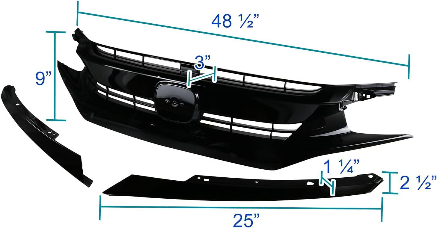 2016-2018 Honda Civic Coupe/Sedan Front Grille with Eyelids - OEM Style Glossy Black Replacement Set - Upgrade Your Ride for Street Style & Car Shows