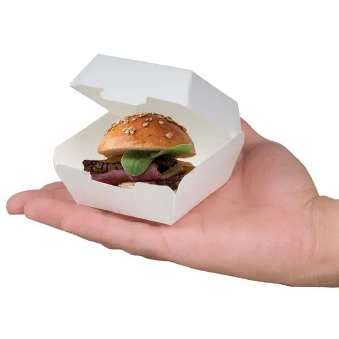 Comatec Mini Burger Box 2.75 x 2.75 x 2 Inches - Small Food Container for Burgers, Sliders, Appetizers & Party Snacks - Perfect for Picnics, BBQs, and Takeout Meals