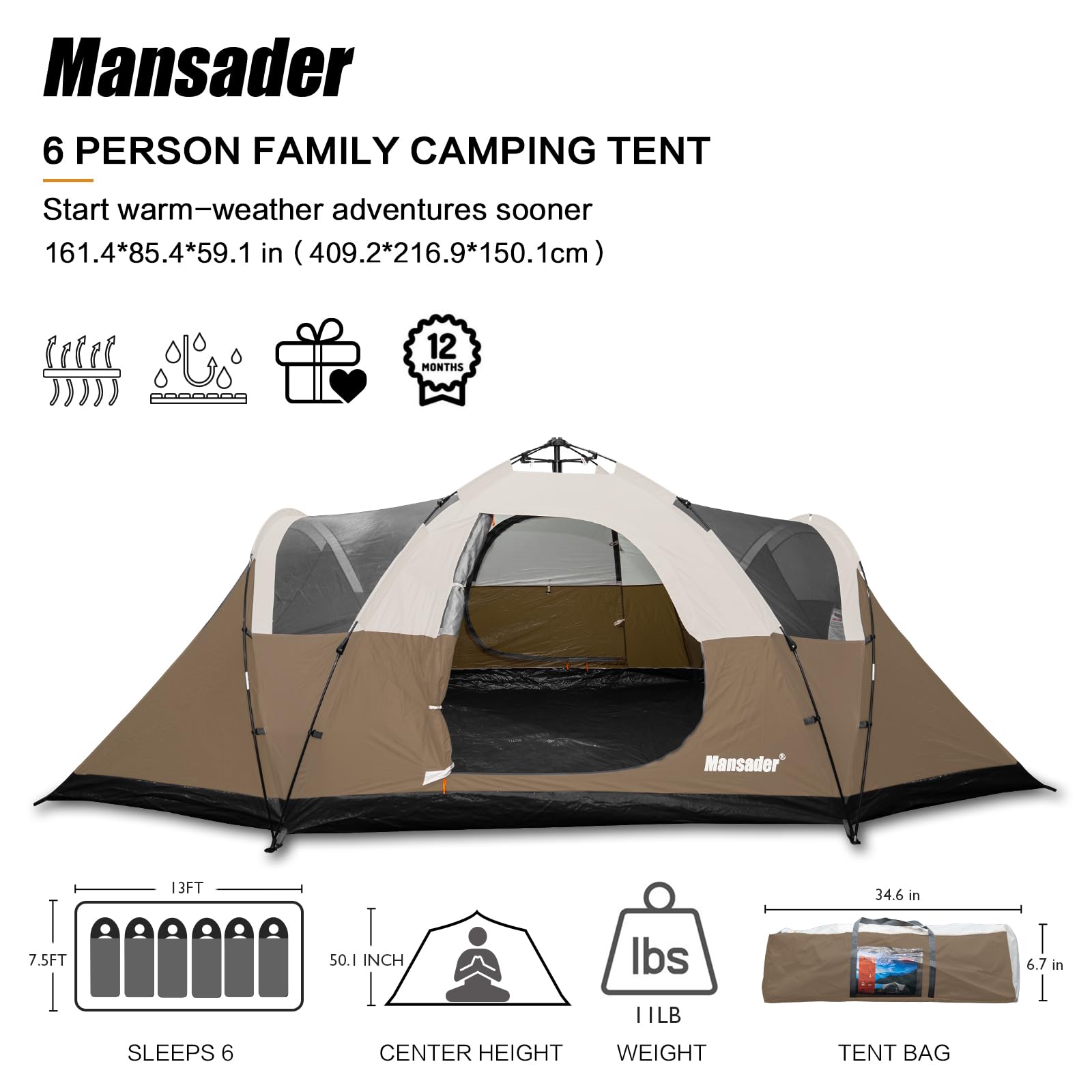 6-Person Family Camping Tent - Waterproof & Windproof with Top Rainfly - Easy Setup Pop Up Tent for Outdoor Adventures, Hiking & Travel - Perfect for Backpacking, Beach Trips & Family Camping Vacations