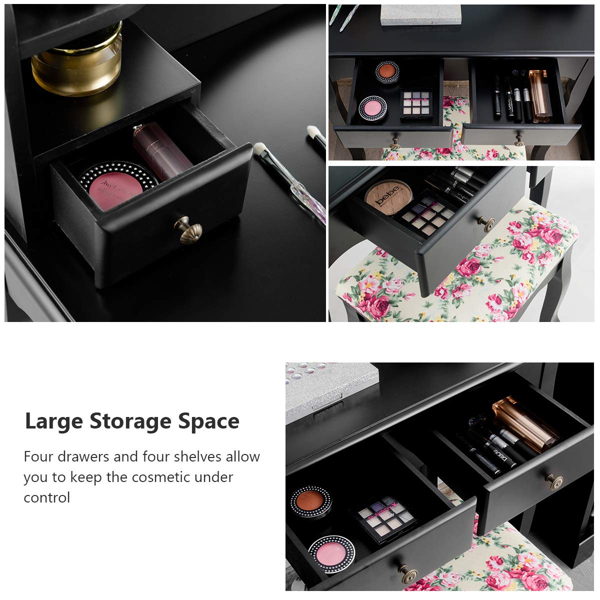 Charmaid Vanity Set with 4 Storage Shelves & 4 Drawers, Makeup Dressing Table with 360° Swivel Mirror, Cushioned Stool & Organizers - Elegant Black Vanity Desk for Women & Girls | Perfect for Bedroom, Dorm Room & Beauty Salon Makeup Station