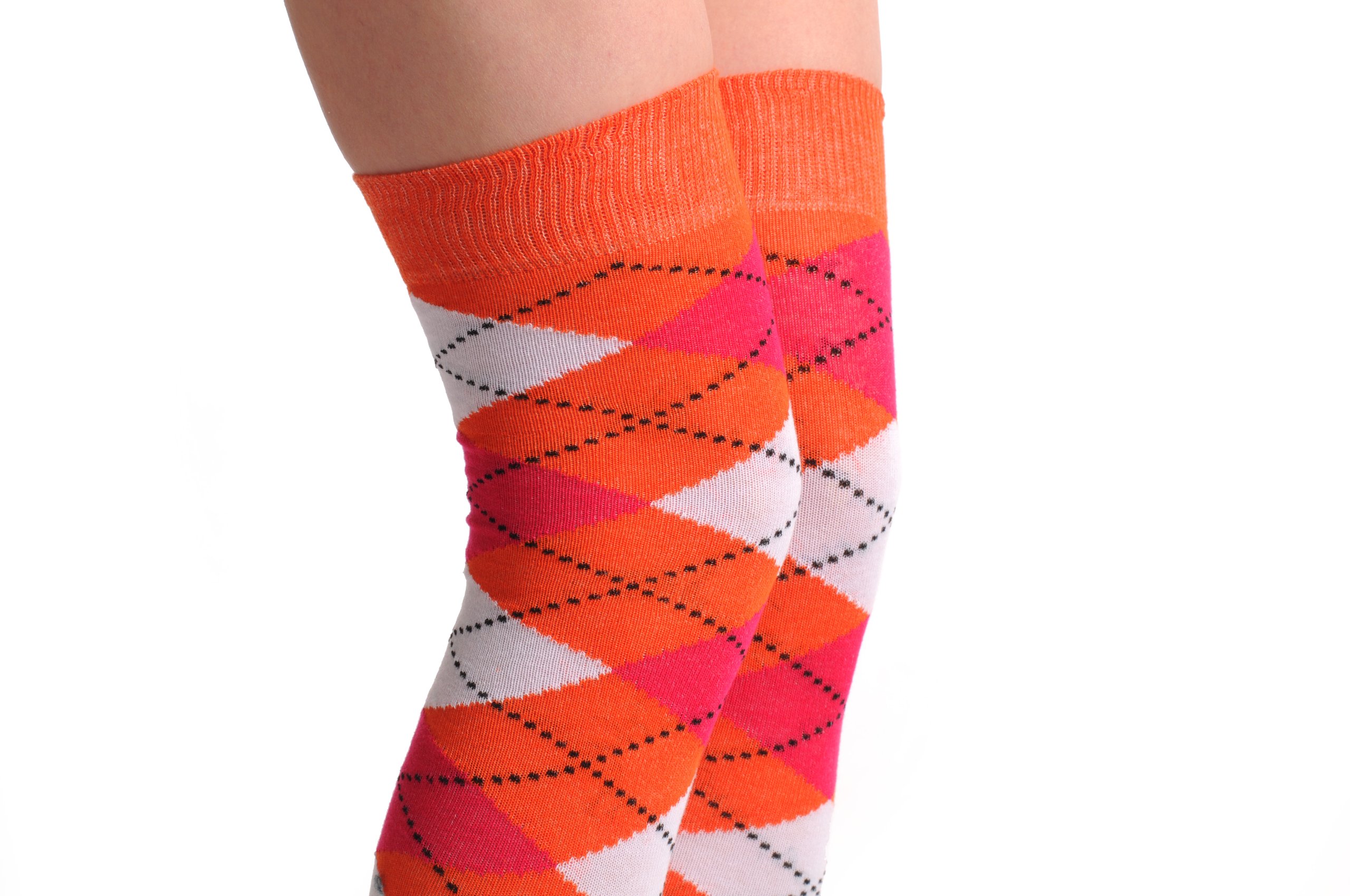 LissKiss Argyle White Orange Red Over The Knee Socks for Women - Trendy Knee High Socks for Winter, Fall Fashion, Outfits & Cosplay