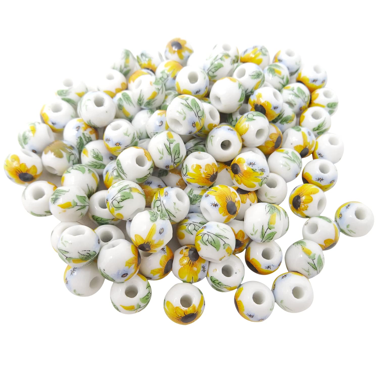 100PCS 10mm Ceramic Beads for Jewelry Making - Porcelain Flower Spacer Beads DIY Craft Supplies with Drawstring Bag - Perfect for Necklaces, Earrings & Bracelets - Sunflower Design for Boho & Handmade Jewelry Projects