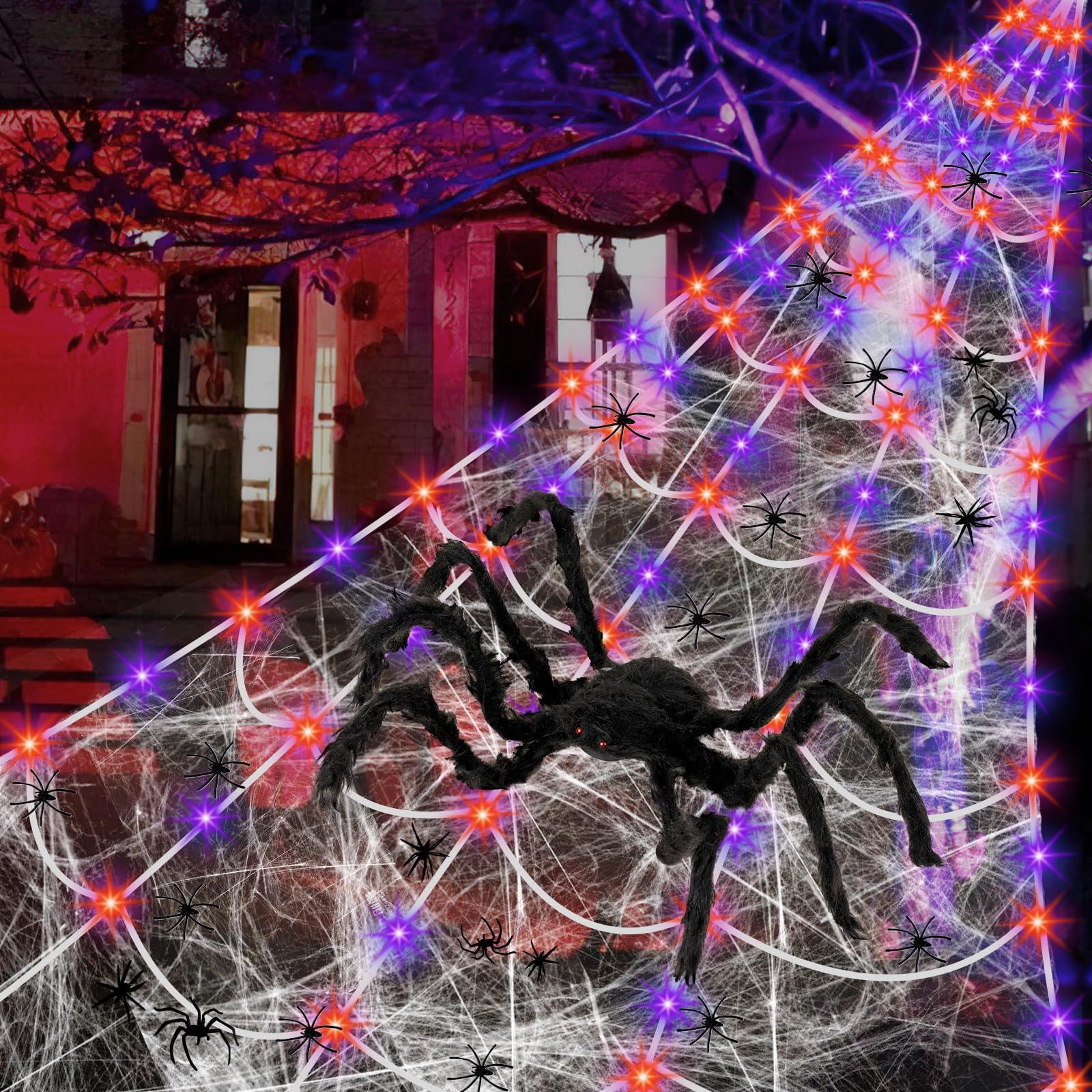 16.4ft Giant LED Spider Web Halloween Decorations with Purple & Orange Lights - 36'' Black Scary Spider Web for Outdoor Yard, Garden & Party Decor | Perfect for Halloween Night, Haunted House Themes & Spooky Outdoor Displays