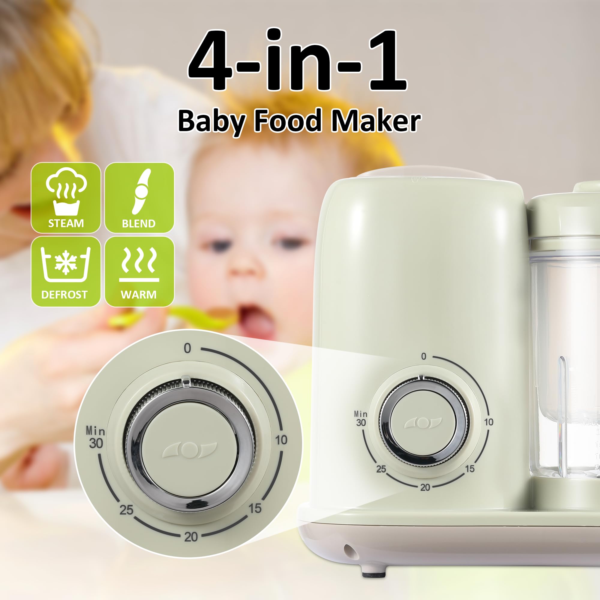 4-in-1 Baby Food Maker & Steamer - Multifunctional Baby Food Processor, Blender & Puree Maker | Dishwasher Safe | Green (BFM002) | Perfect for Homemade Baby Food Prep & Weaning