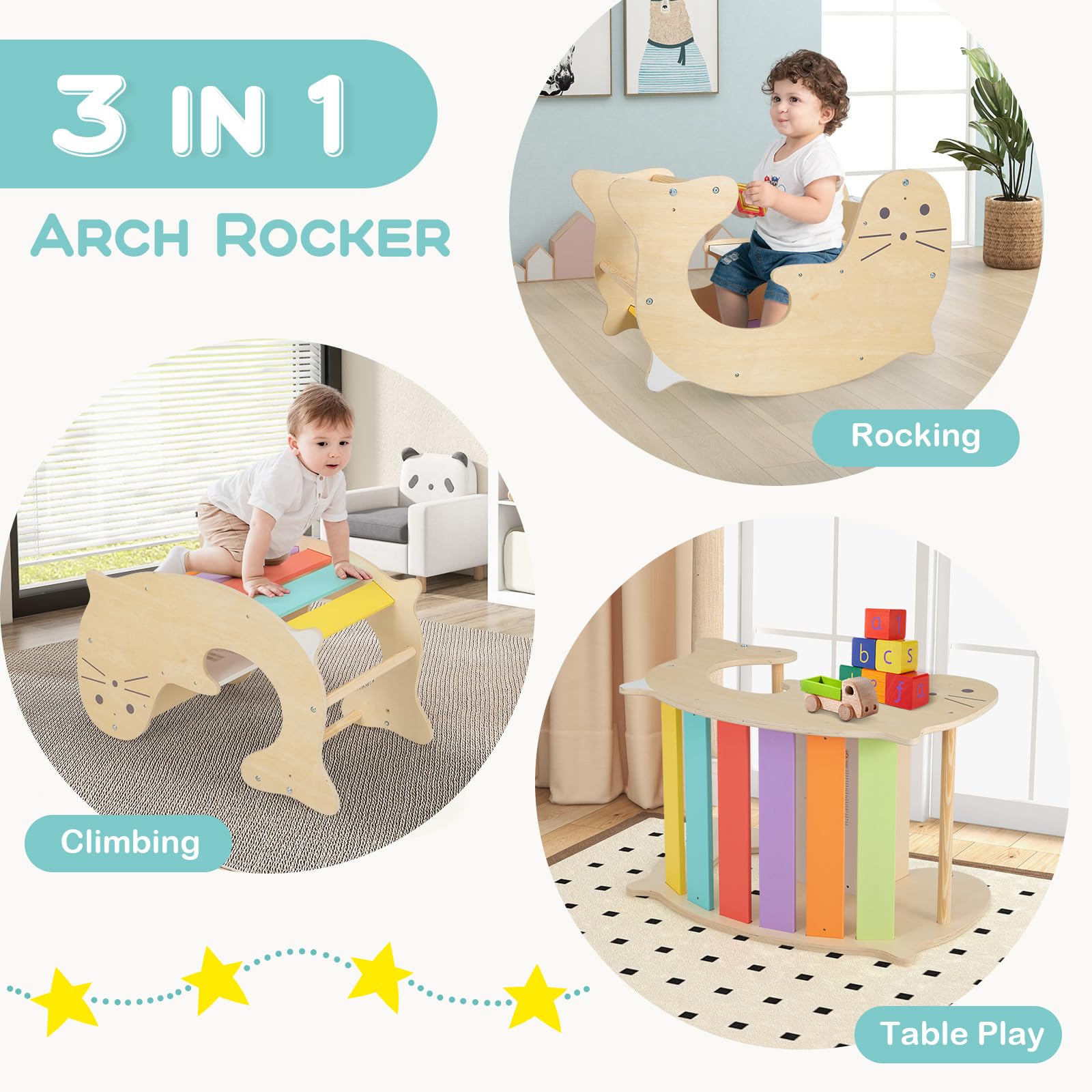 OLAKIDS 3-in-1 Montessori Wooden Climbing Toy Set - Pikler Triangle Arch, Rocker & Ladder for Toddlers | Indoor Play Gym for Boys & Girls | Perfect for Home Playrooms, Daycares & Preschools