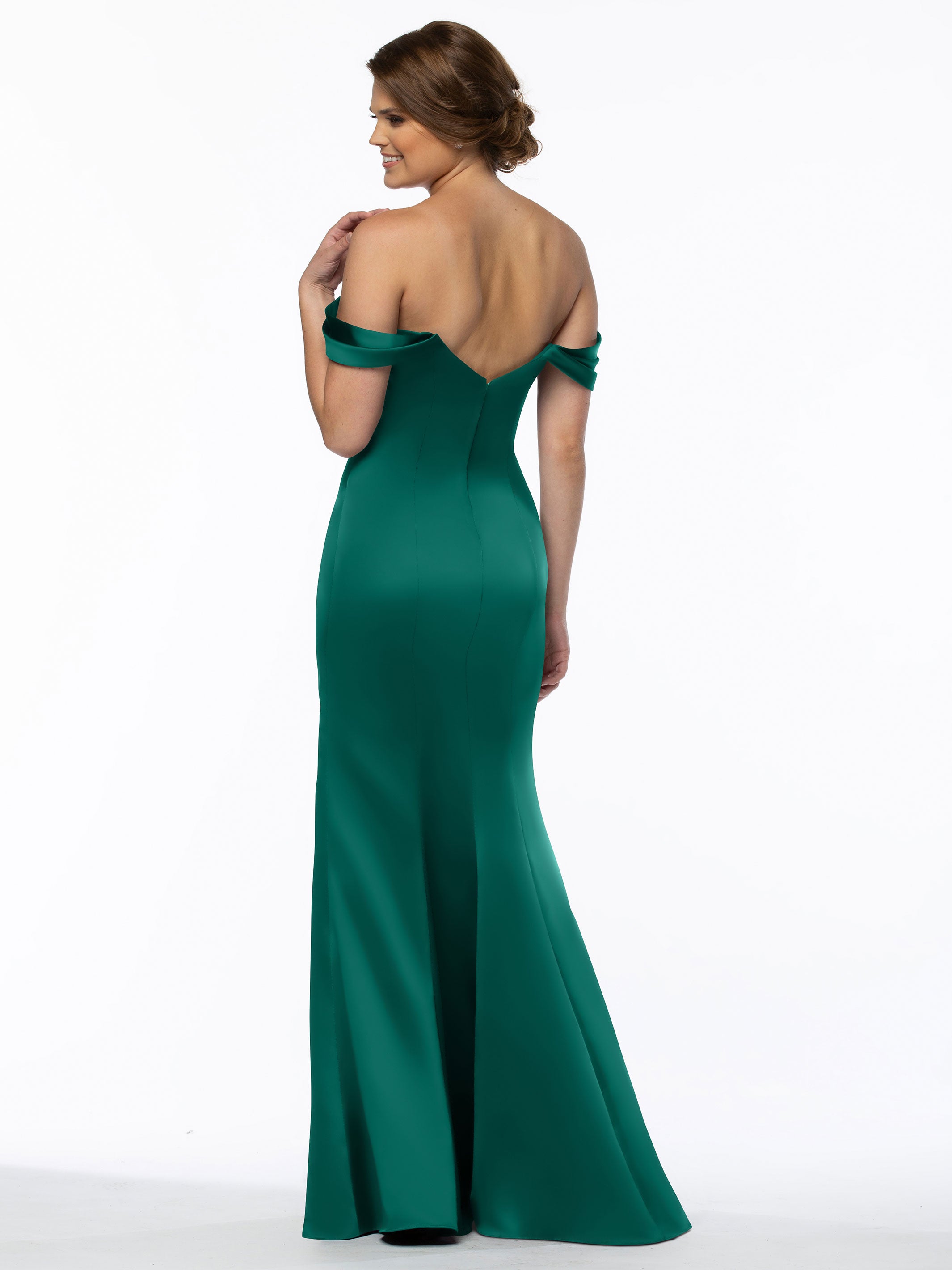 Elegant 80151 Fitted Satin Bridesmaid Dress with Off-The-Shoulder Sleeves - Perfect for Weddings, Formal Events & Special Occasions
