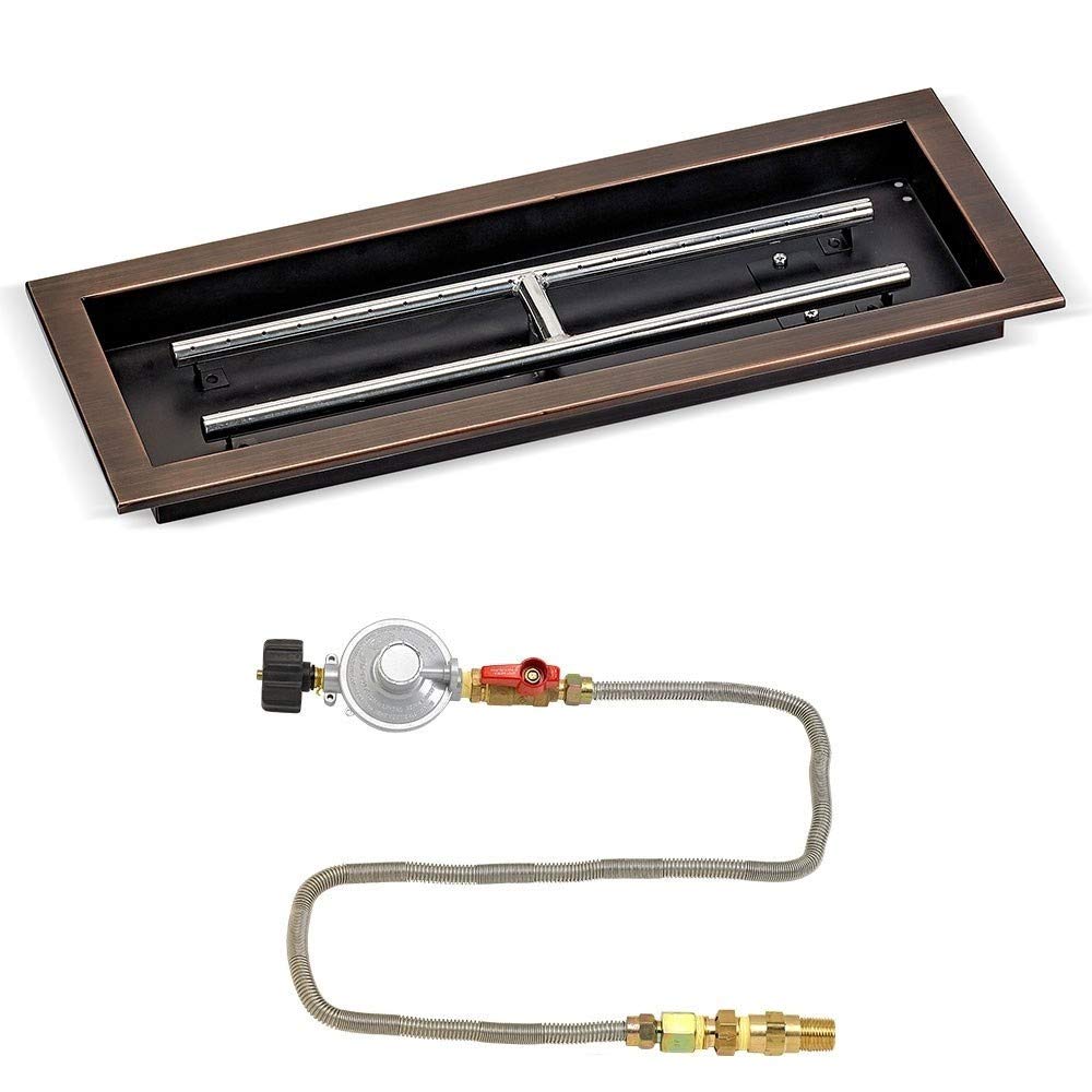 Oil Rubbed Bronze Rectangular Fire Pit Kit - 24x8 Inch Propane Gas Fire Bowl with Fire Glass - Perfect for Patio, Backyard & Outdoor Gatherings