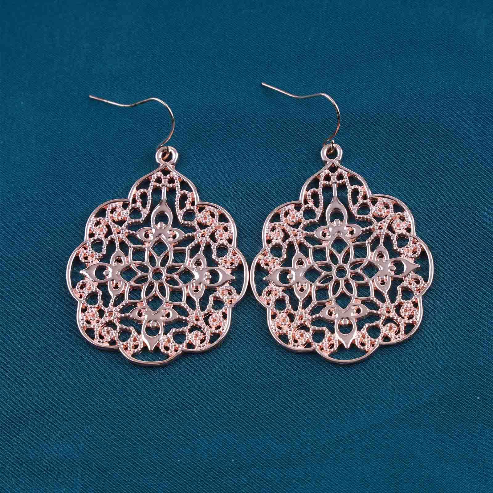 Boho Large Filigree Hoop Drop Dangle Earrings - Vintage Tribal Hollow Carved Rose Gold Gypsy Geometric Floral Statement Jewelry for Women | Wedding, Prom, Party, Festival & Everyday Wear