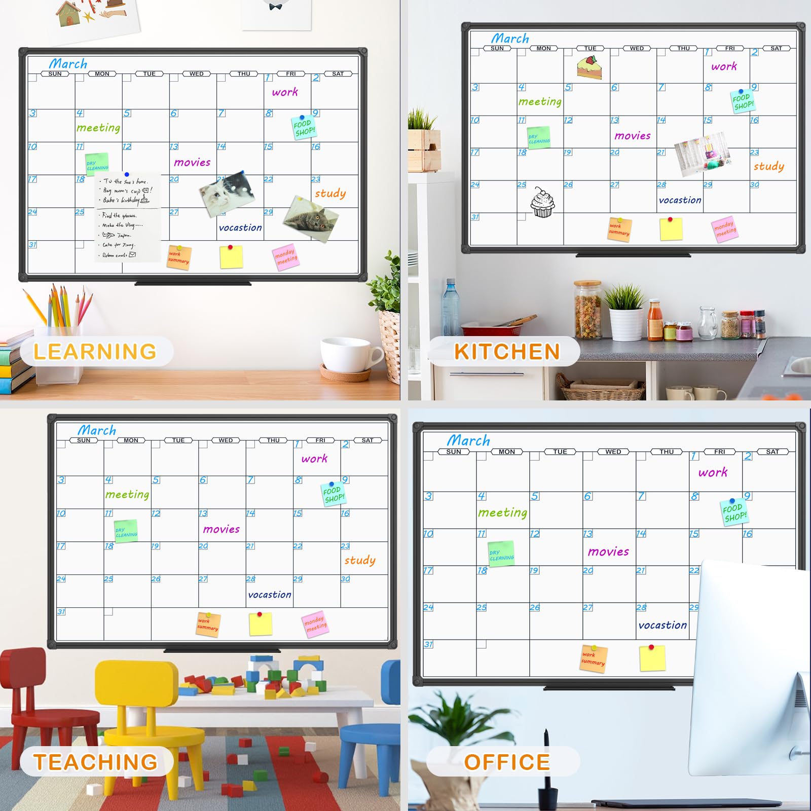 Magnetic Dry Erase Calendar Whiteboard - 48x36 Inch Monthly Planner with Black Aluminum Frame | Wall Mounted Office, Home & School Whiteboard for Scheduling, Planning & Organization