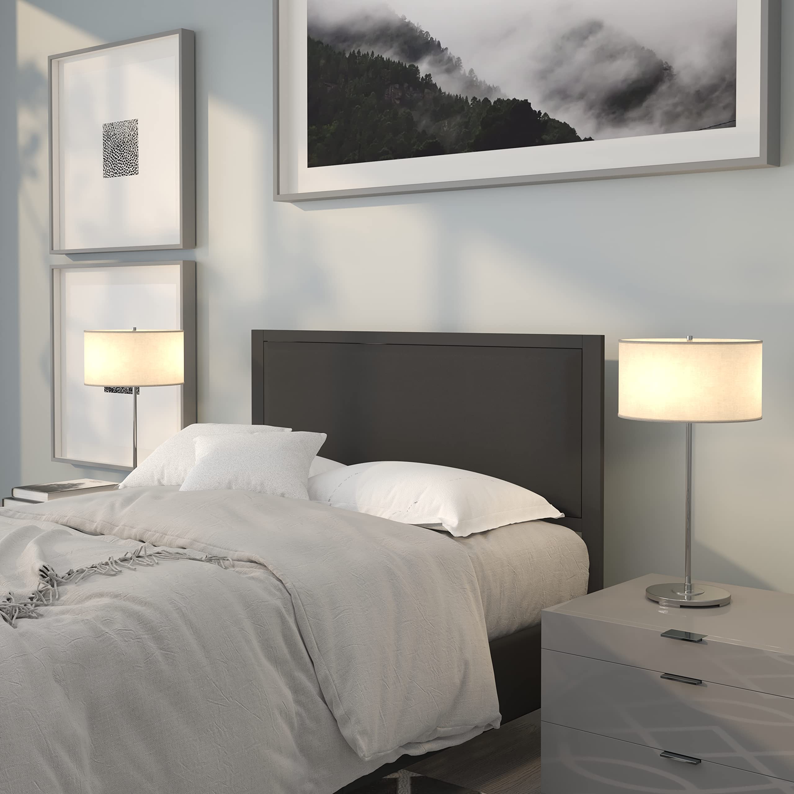 EMMA + OLIVER Full Size Black Fabric Upholstered Panel Headboard with Metal Frame and Legs - Fits Standard Bed Frames - Perfect for Modern Bedroom Decor and Guest Room Setup