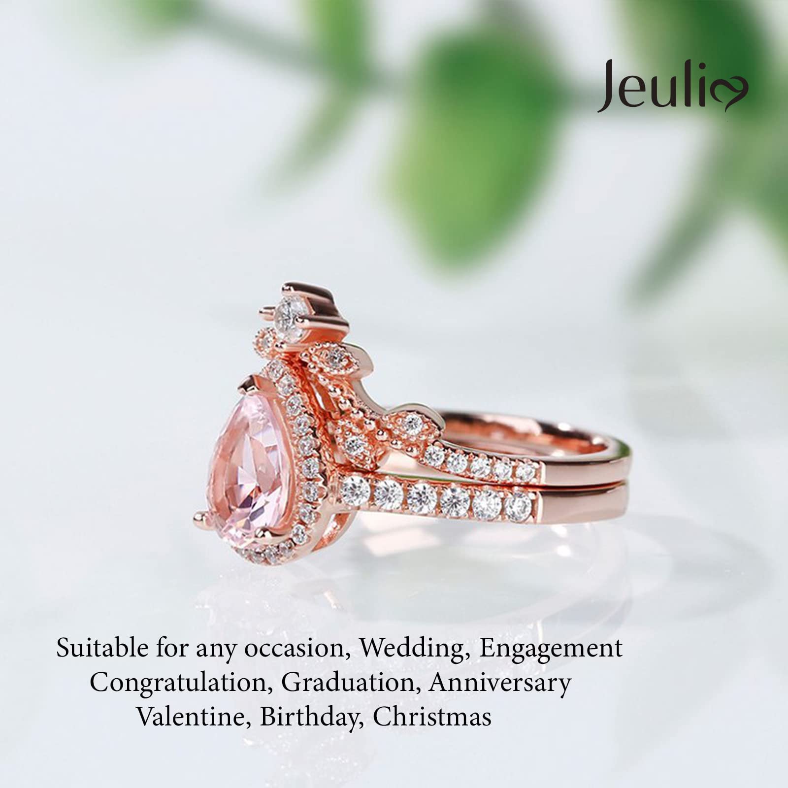 Jeulia Sterling Silver Halo Pear Cut Synthetic Diamond Engagement Ring Set - Rose Gold Plated Art Deco Bridal Jewelry with Gift Box for Wedding, Anniversary & Promise (Perfect for Proposals, Bridal Showers & Romantic Gifts)