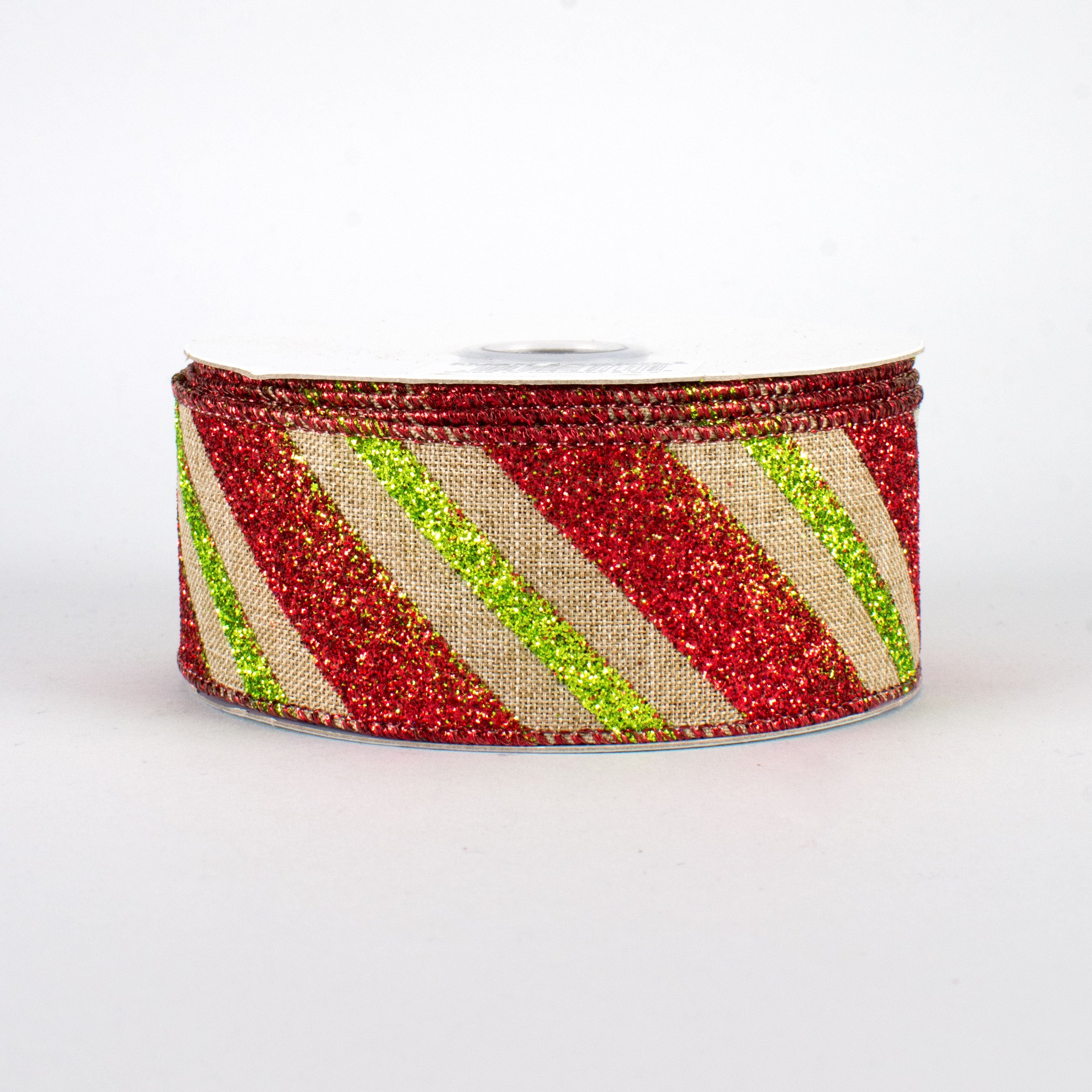1.5 Inch Diagonal Glitter Stripe Faux Canvas Ribbon - Lime & Red (10 Yards) for DIY Crafts, Gift Wrapping, Scrapbooking & Party Decorations