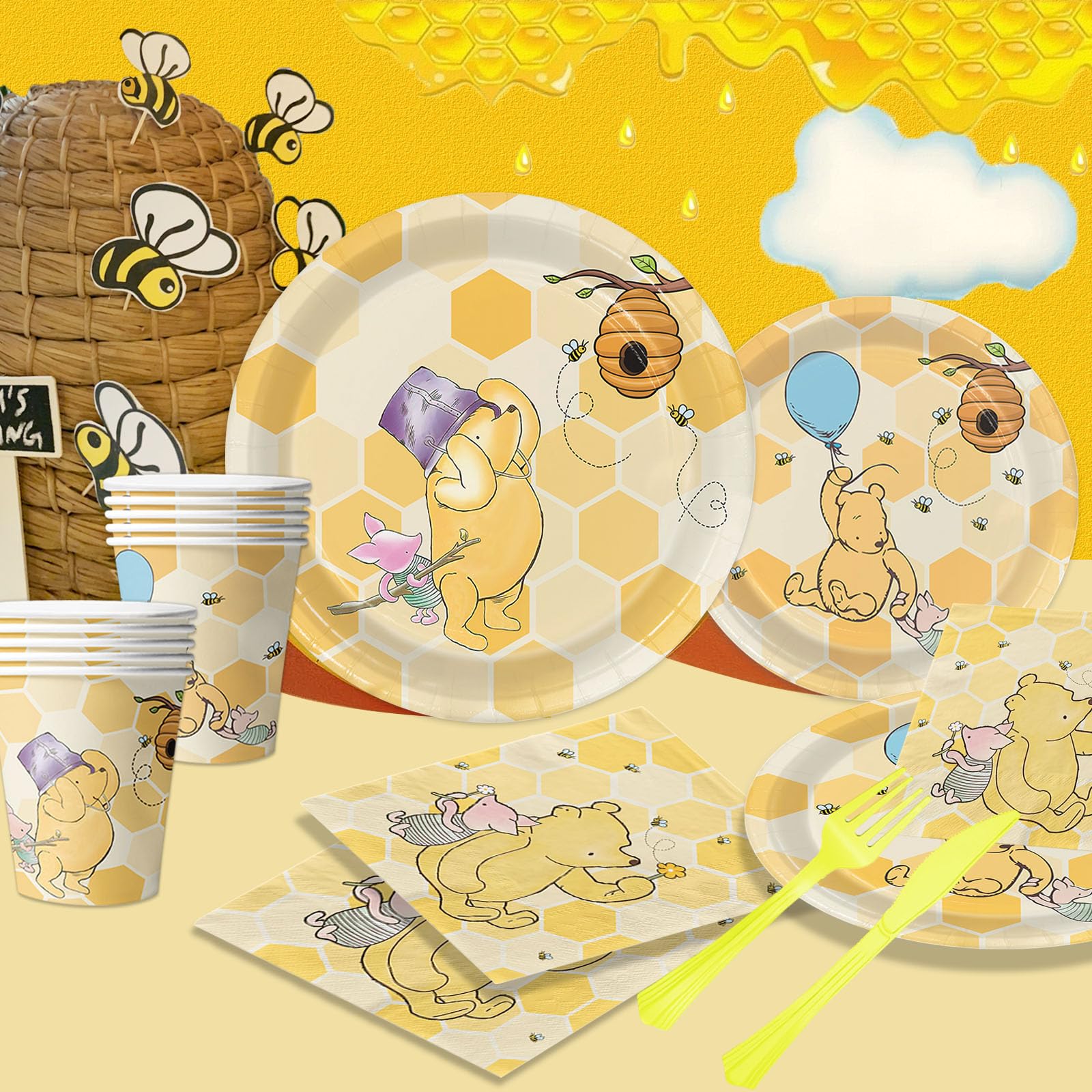 175-Piece Winnie the Pooh Baby Shower Party Supplies Set - Classic Pooh Bear Themed Plates, Napkins, Cups & Cutlery for 25 Guests | Gender Neutral Baby Shower Decorations & Birthday Party Tableware | Perfect for Baby Showers, First Birthdays and Themed Nursery Celebrations