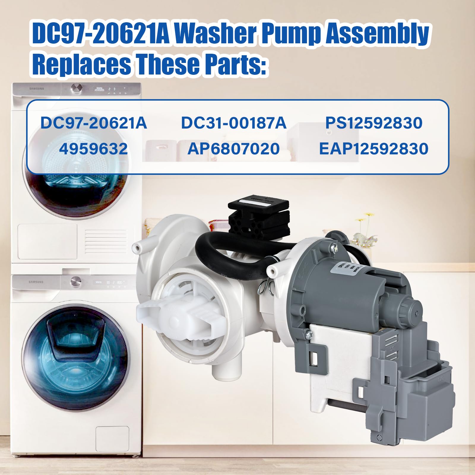 Samsung Washing Machine Drain Pump Motor Replacement - DC97-20621A Washer Pump Assembly (OEM Part) Compatible with DC31-00187A, 4959632, AP6807020, PS12592830, EAP12592830 - Perfect for Laundry Room Repairs & Appliance Maintenance