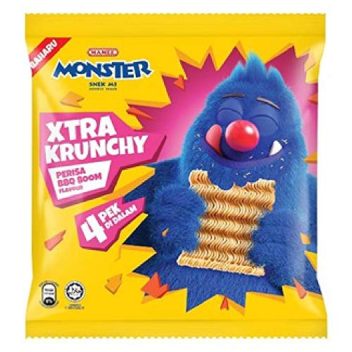 Mamee Monster Xtra Krunchy Noodles Snacks - BBQ Flavor (12 Pack, 4 x 25g) | Crunchy Instant Noodles for Kids Lunch, School Snacks & Party Treats