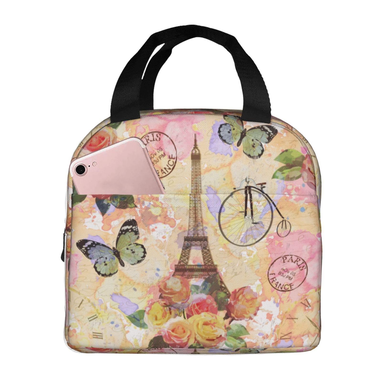 Paris Eiffel Tower Butterfly Floral Print Insulated Lunch Bag - Reusable Tote for Women & Men, School, Office, Work, Picnic & Travel