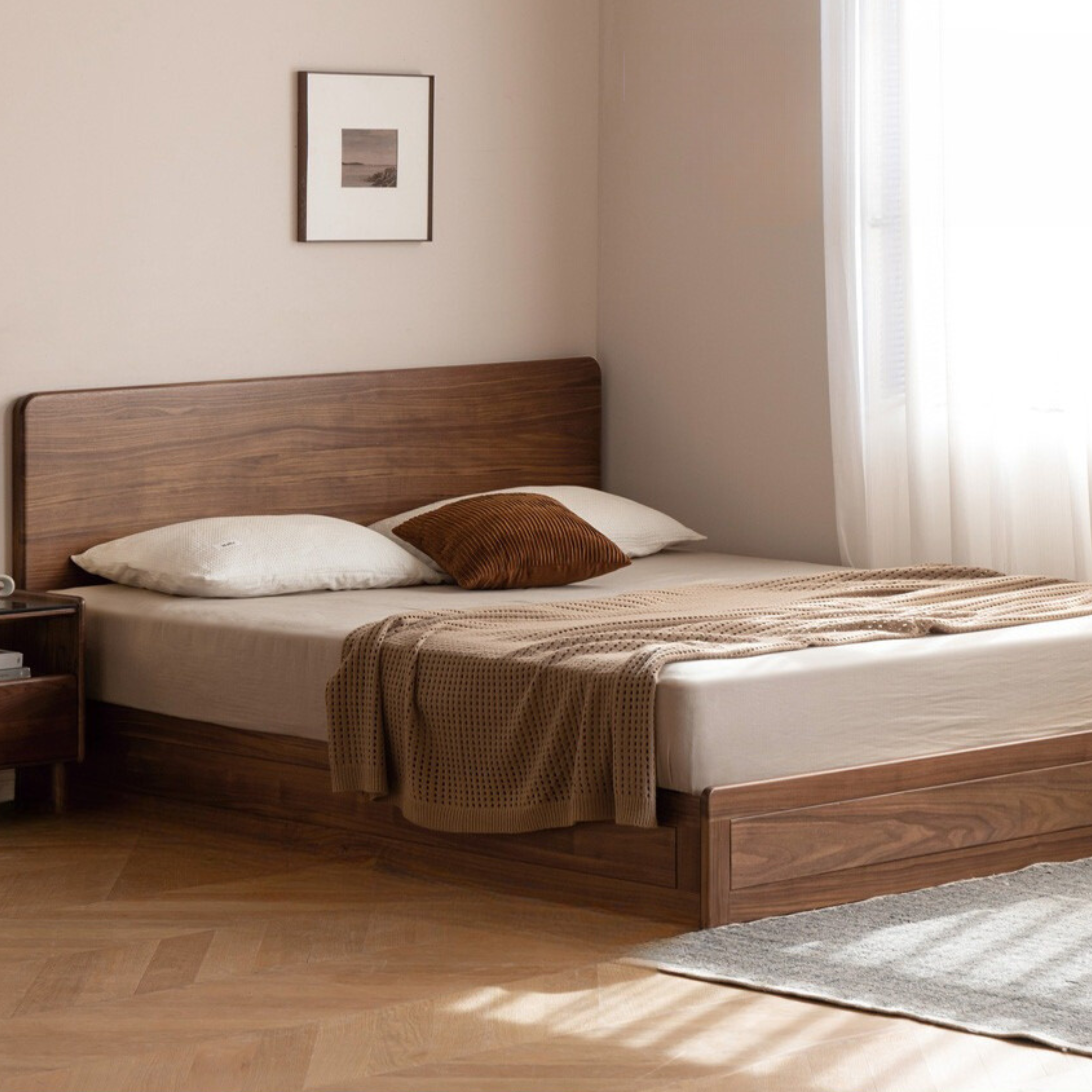 Premium Black Walnut & Oak Solid Wood Bed Frame - Modern Platform Bed for Master Bedroom, Guest Room, or Dormitory