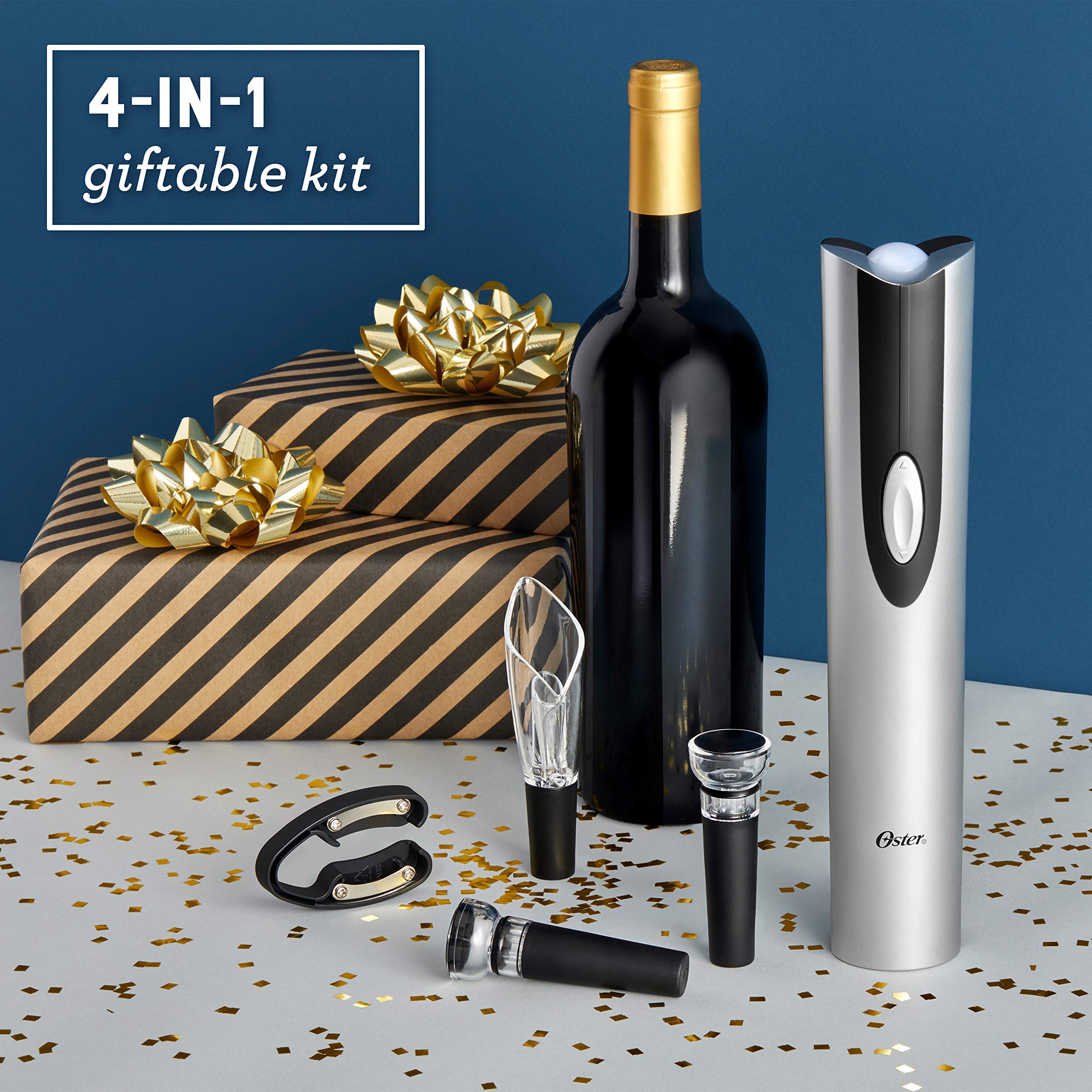 Oster Electric Wine Opener Set with Foil Cutter, Wine Pourer & Vacuum Stoppers - Includes Corkscrew & Charging Base - Perfect for Home Bars, Parties & Wine Lovers (Black)