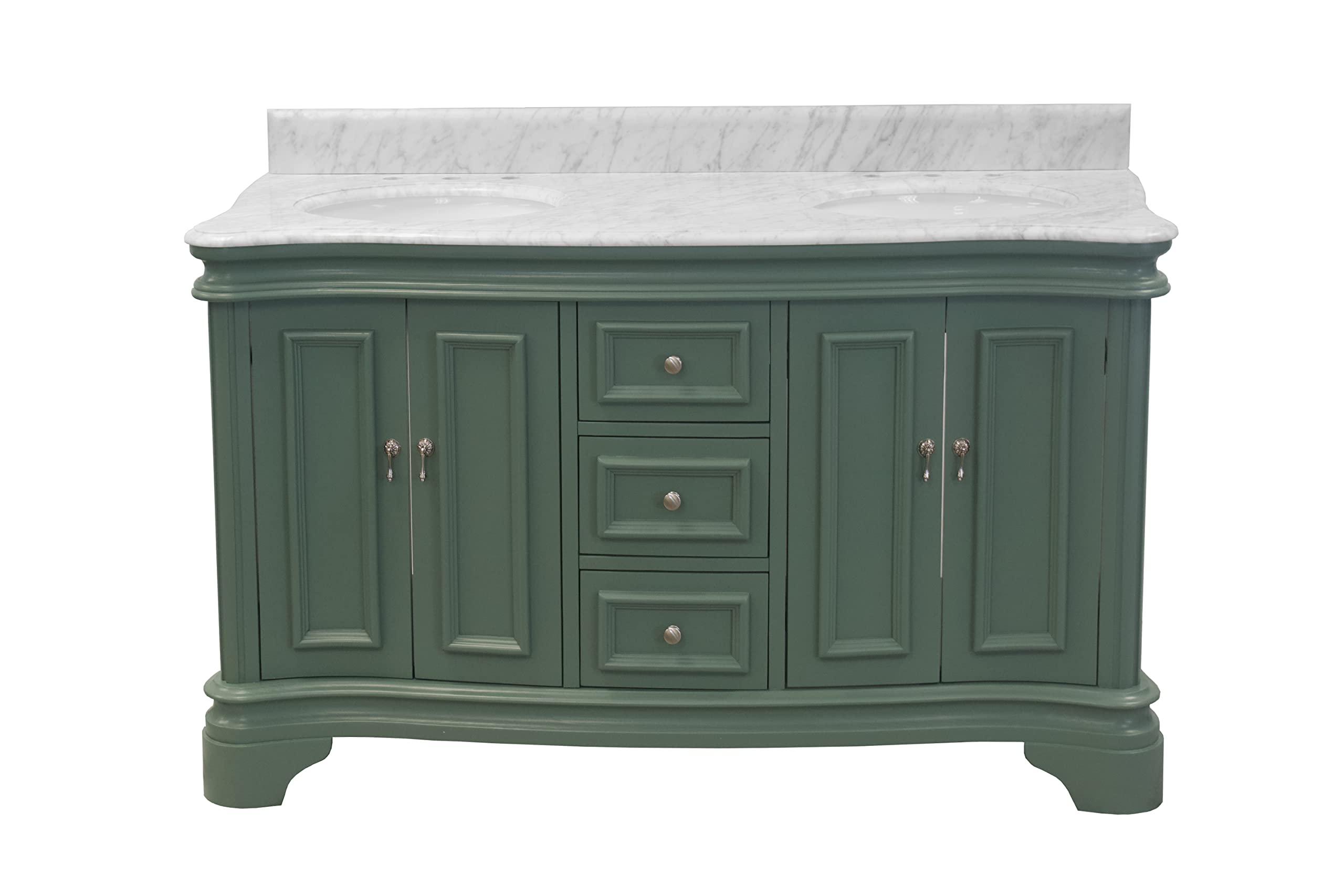 Katherine 60-inch Double Bathroom Vanity with Carrara Marble Top & Sage Green Cabinet - White Ceramic Sinks Included | Modern Bathroom Storage Solution for Master Bath & Guest Bath Renovation