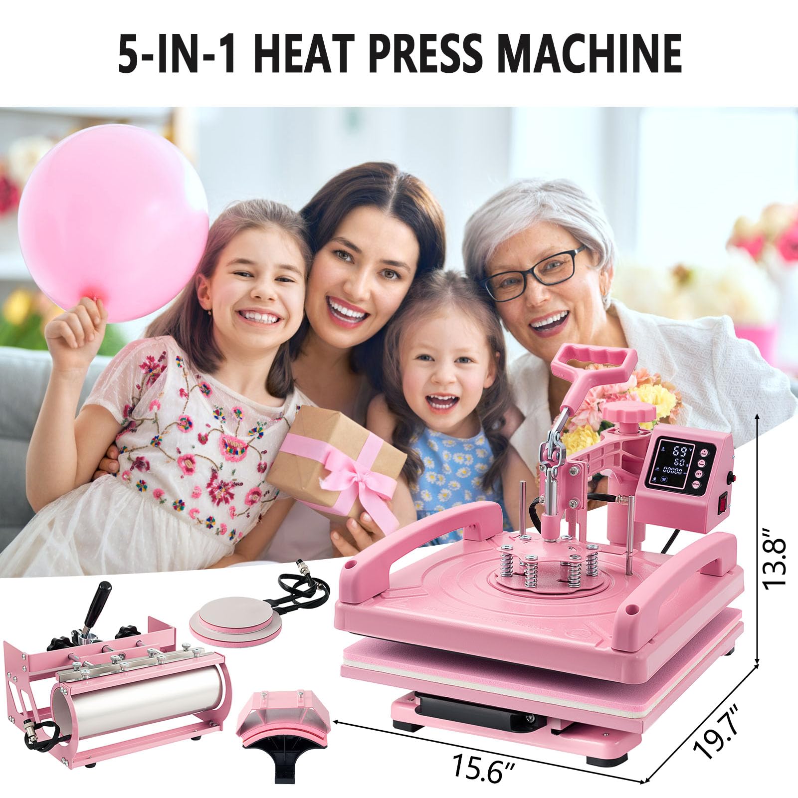 15x15 Inch 5-in-1 Heat Press Machine for T-Shirts, Hats, Mugs & Plates - Includes 30oz Tumbler Press - Perfect for DIY Sublimation, Custom Apparel & Small Business Printing