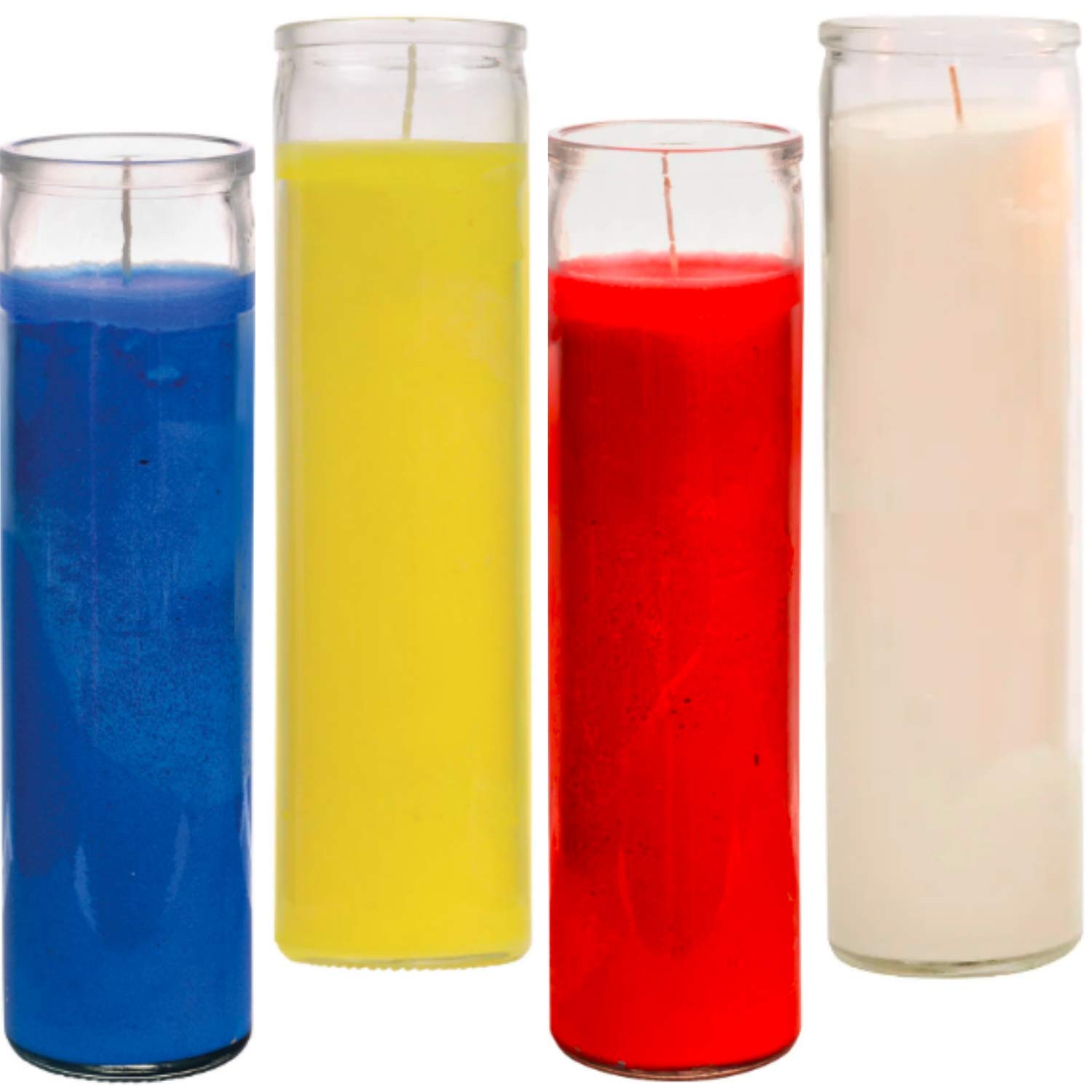 Prayer Candles 4-Pack - Unscented Wax Candles in Red, Yellow, Blue & White with Glass Jars - Perfect for Church, Sanctuary, Vigils & Spiritual Rituals - Religious Ceremony Candles for Meditation & Prayer