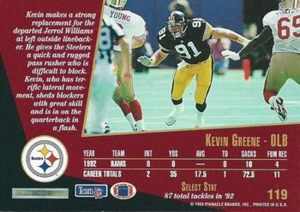 1993 Select Football #119 Kevin Greene Pittsburgh Steelers NFL Trading Card - Pinnacle Brands Official Collectible - Perfect for Sports Memorabilia Collections & Fan Gifts