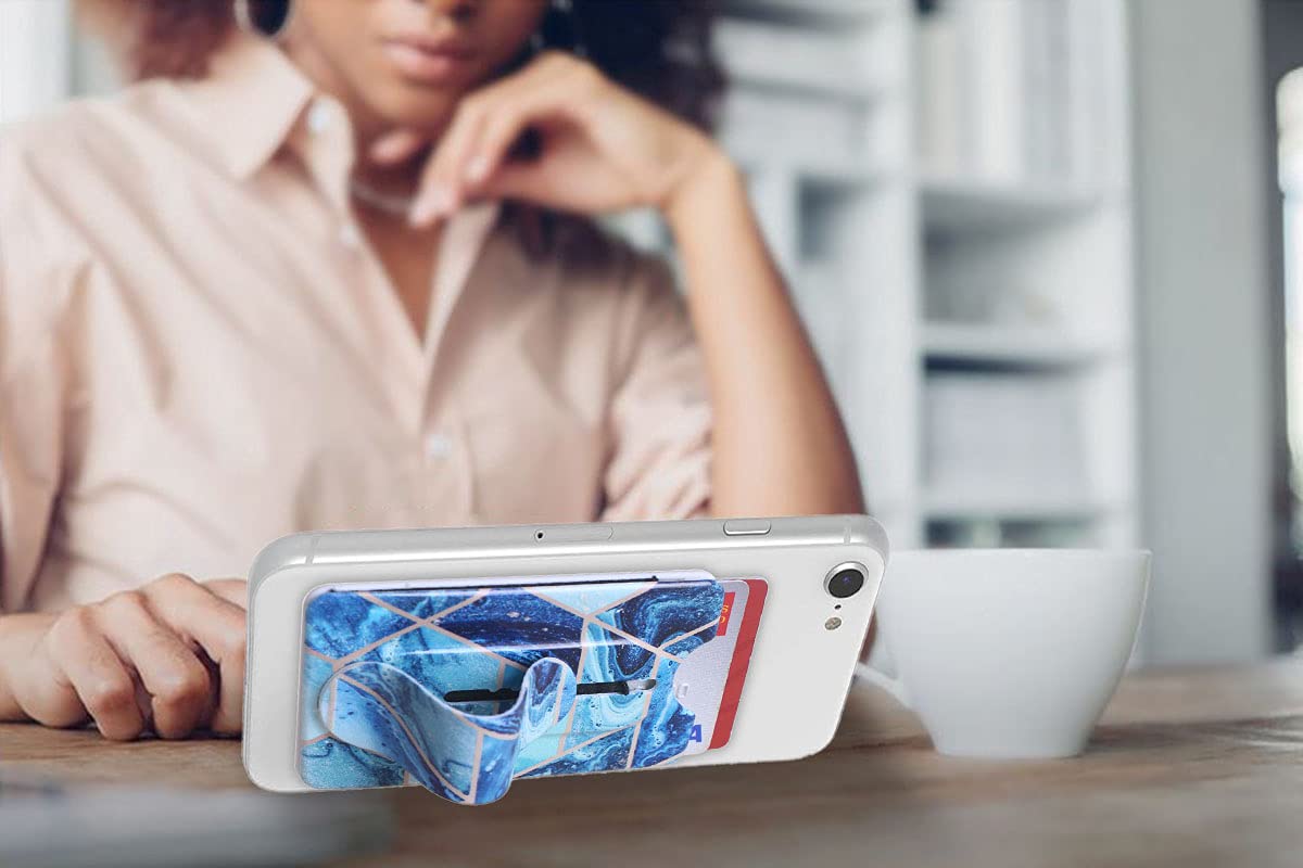 Detachable Phone Wallet with Kickstand & Finger Grip - Wireless Charging Compatible for iPhone & Smartphones (Blue Marble) - Perfect for Selfies, Hands-Free Viewing & On-the-Go Charging