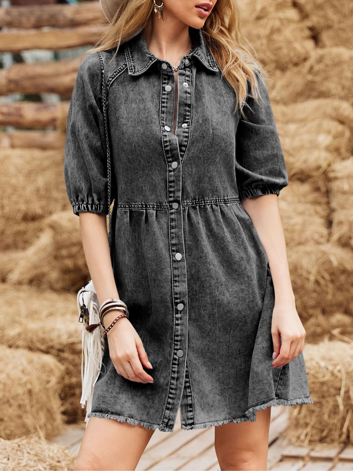 **Pepochic Women's Summer Denim Dress – Button Down Short Sleeve Babydoll Dress with Puff Sleeves & Flowy Fit – Perfect for Beach Outings, Casual Dates & Summer Vacations**
