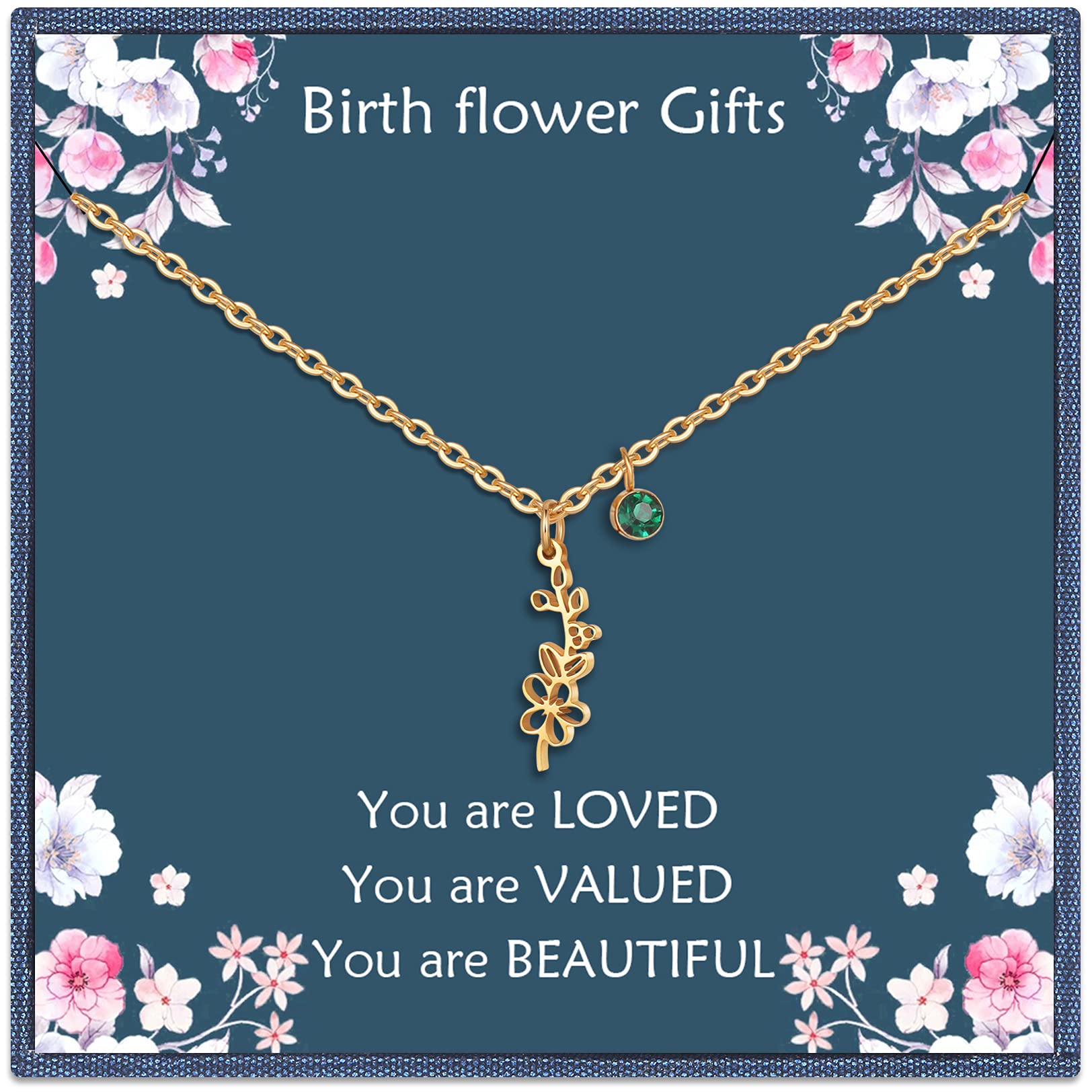 Birth Flower Necklace for Women - 14K Gold Plated Birth Month Floral Pendant with Birthstone | Personalized Birthday Gift for Mom, Wife & Friends | Perfect for Anniversaries, Mother's Day & Special Occasions