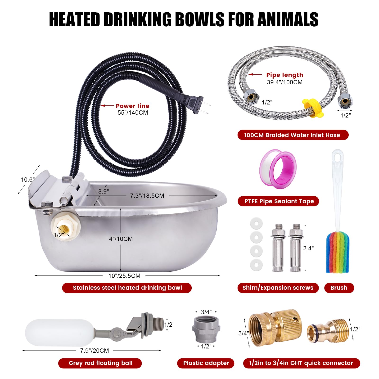 Automatic Heated Dog Water Bowl with Float Valve - Large Outdoor Heated Pet Waterer for Dogs, Cats, Rabbits, Horses & Chickens - Thermal Bowl for Winter Livestock Care - Perfect for Barns, Kennels & Backyards