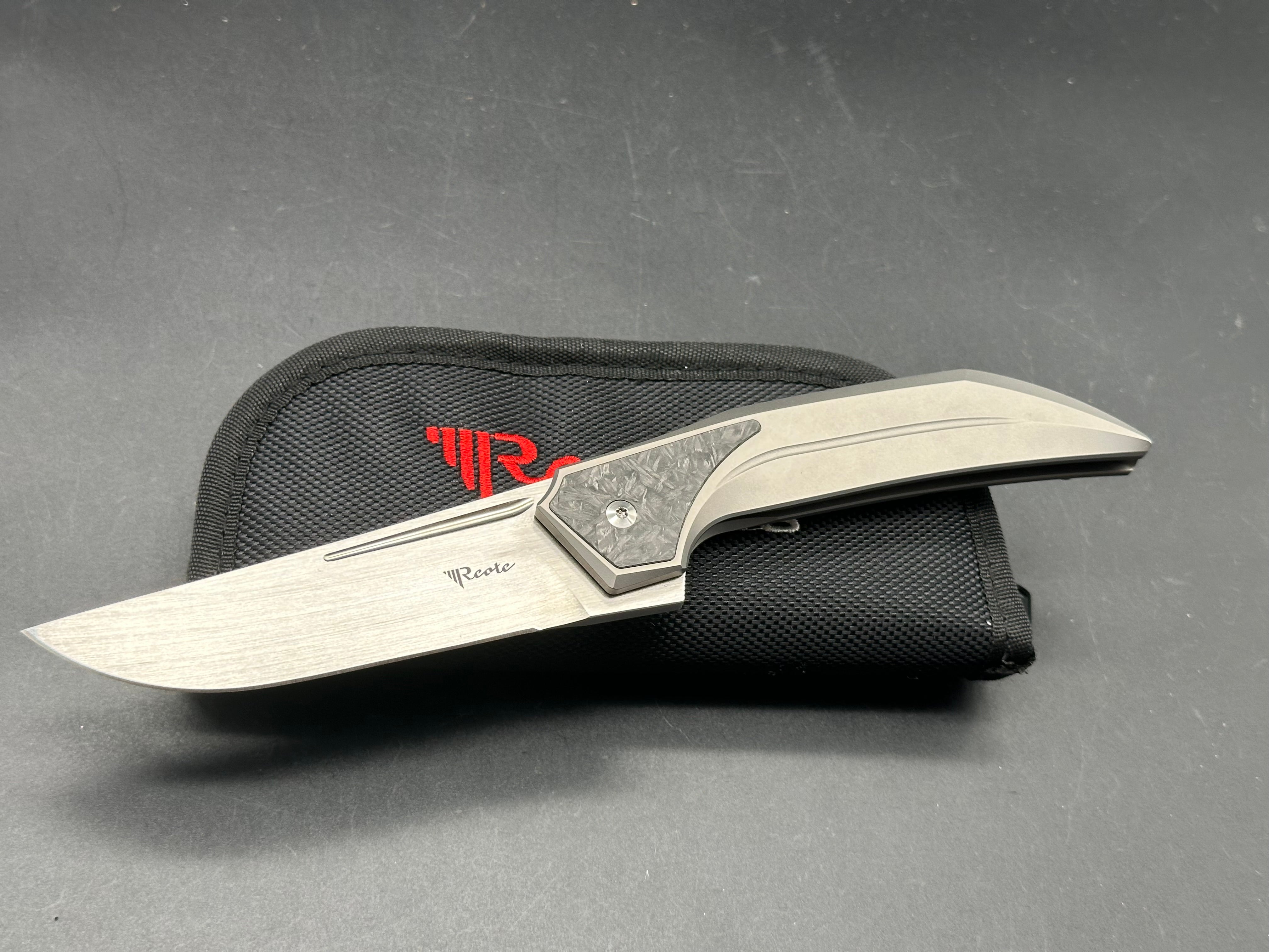 Reate Knives & Tashi Bharucha The Future - Grey Titanium Integral Frame with Carbon Fiber Inlays | Premium EDC Folding Knife for Outdoor, Camping & Everyday Carry