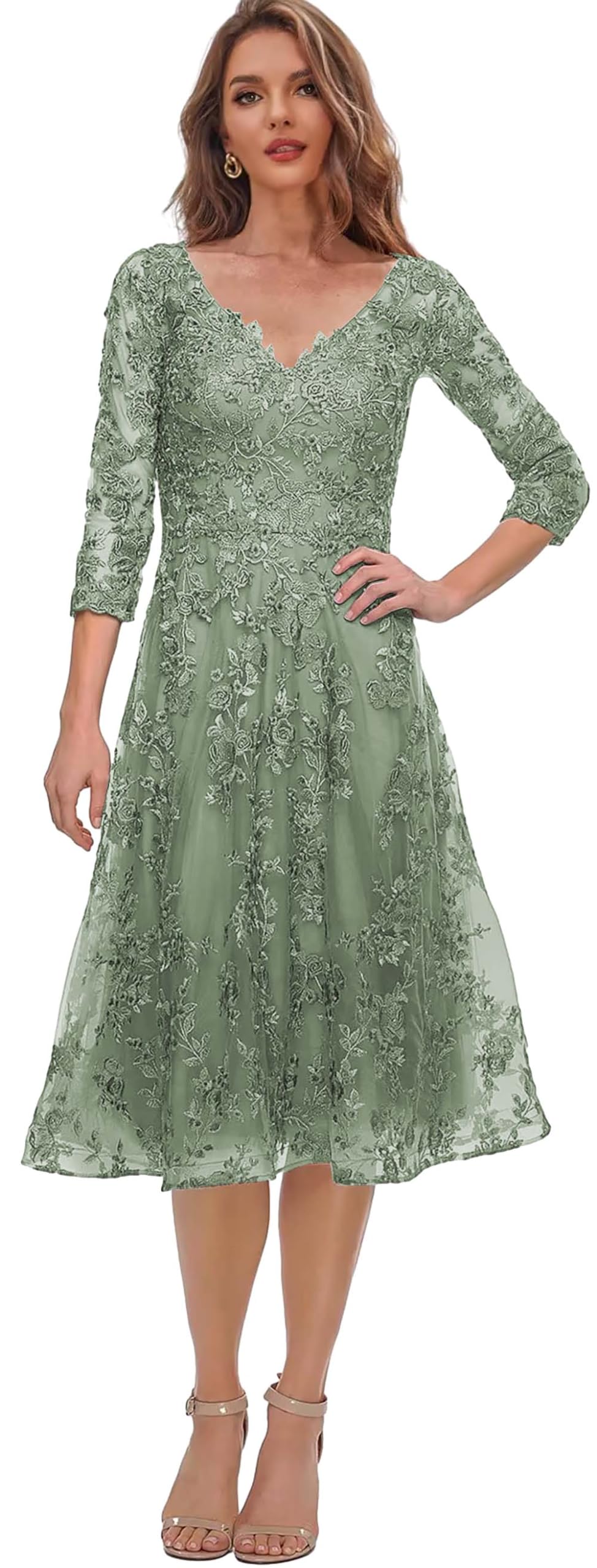 Elegant Tea-Length Mother of the Bride Dress with Lace Appliques - Sleeved Formal Evening Gown for Weddings, Parties & Special Occasions