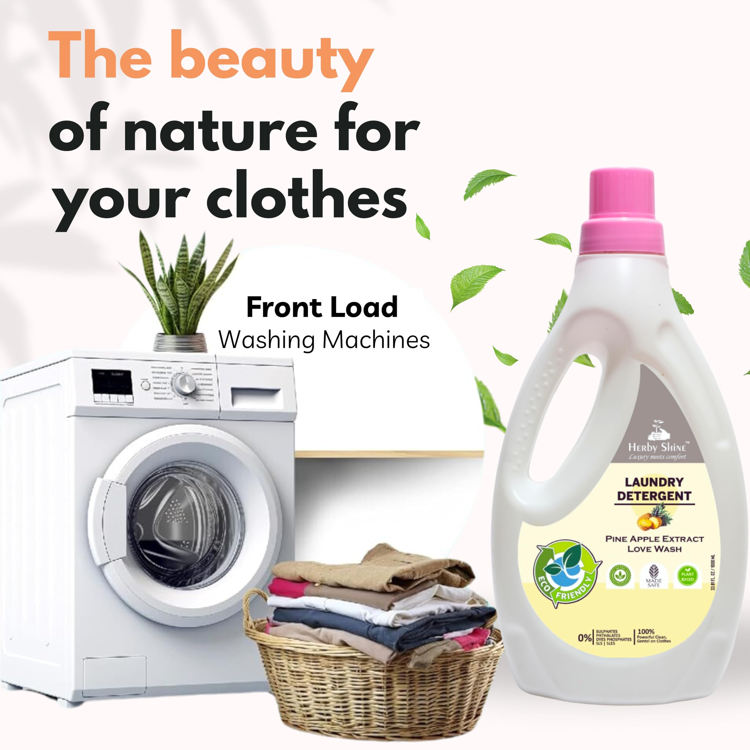 HerbyShine Liquid Laundry Detergent 1 Liter - Top Load & Front Load Washing Machine Safe, pH Balanced Formula with Pineapple Fragrance | Gentle on Clothes, Ideal for Everyday Laundry & Stain Removal