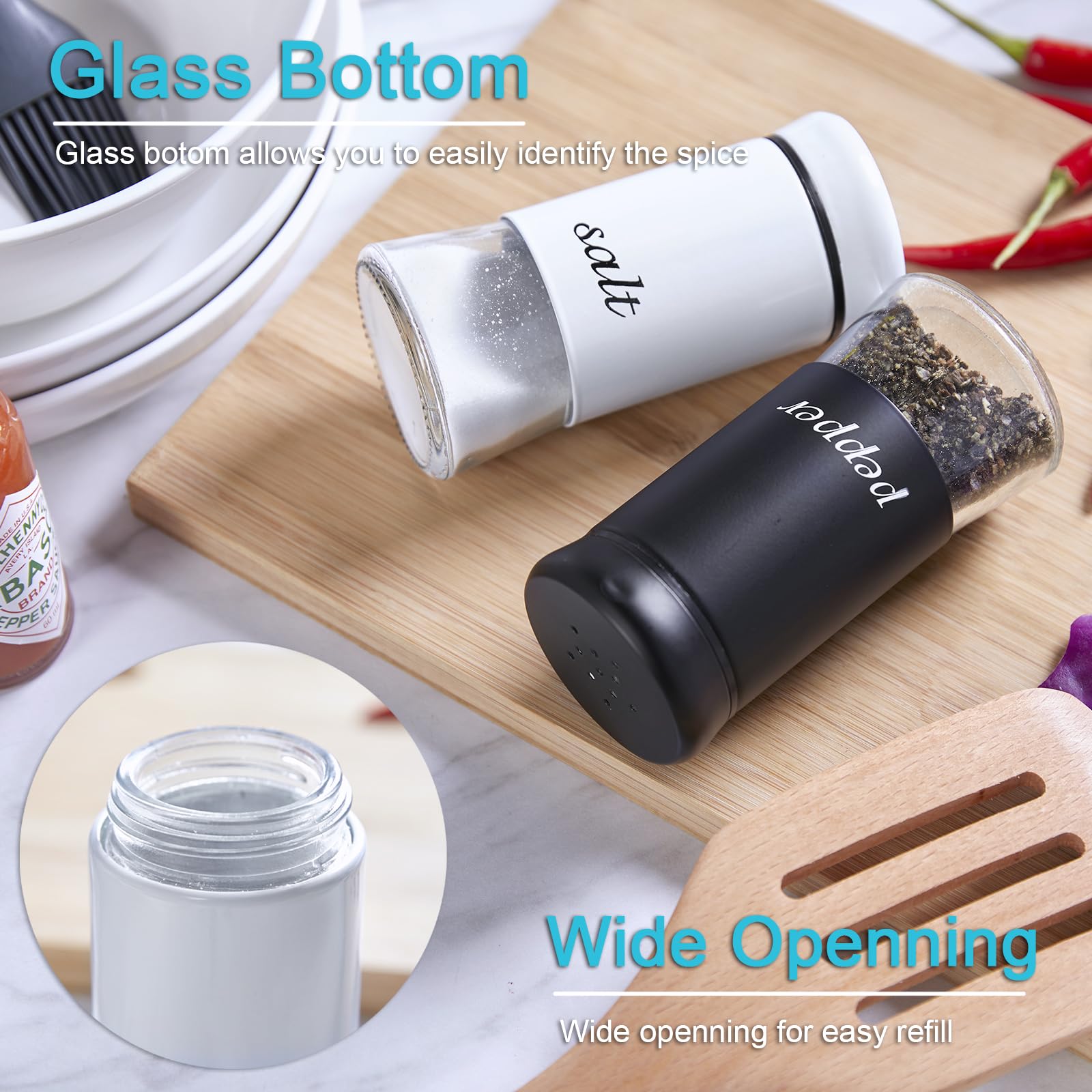 Premium Salt and Pepper Shakers Set - 5 oz Glass Bottom Spice Dispenser for Kitchen, Dining Table, RV & BBQ - Elegant Black & White Kitchen Decor & Cooking Accessories (Ideal for Home, Restaurant & Outdoor Use)