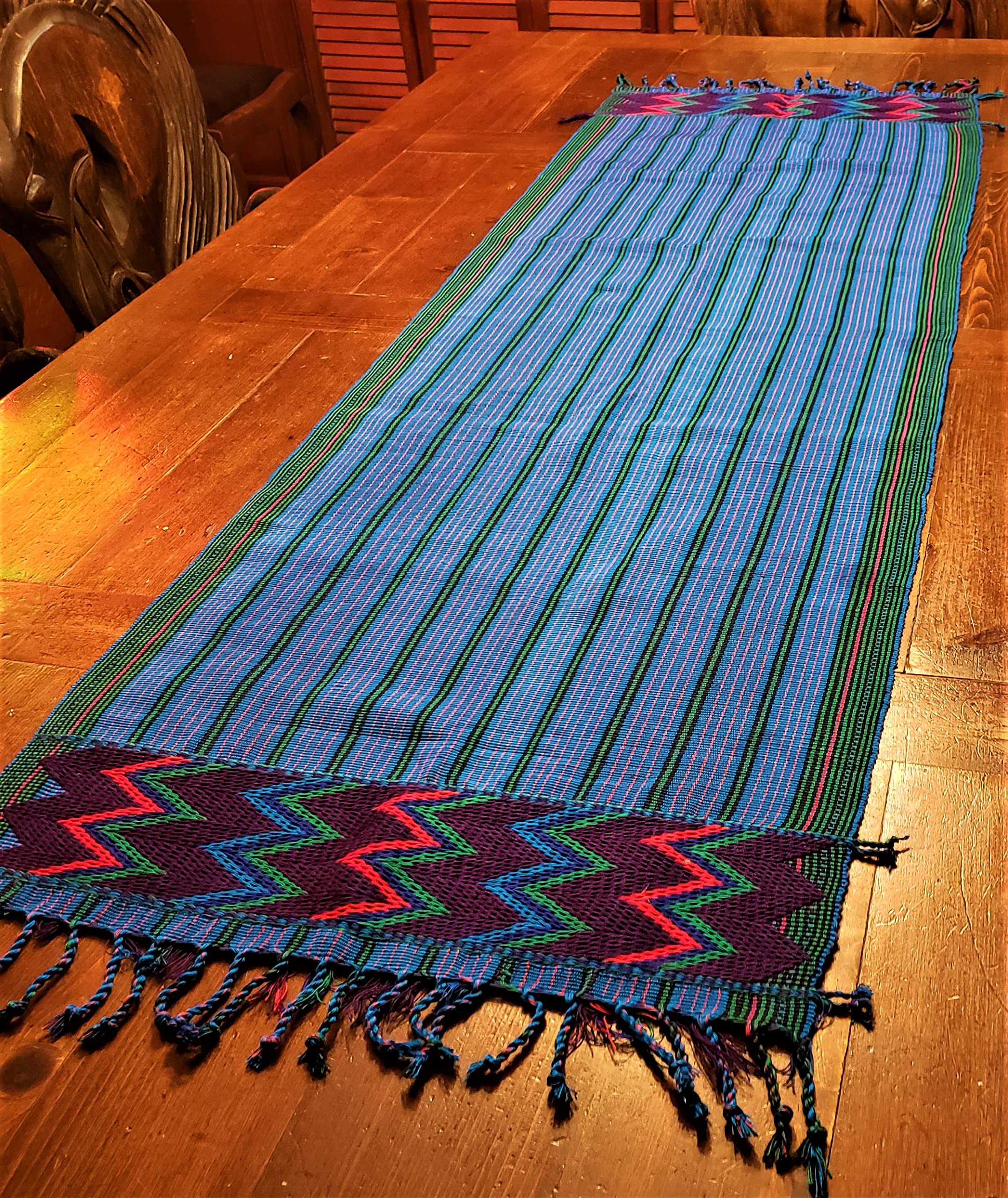 Vivid Blue Zacualpa Table Runner - Handwoven Cotton Table Decor for Dining Room, Kitchen, or Wedding Events - Perfect for Farmhouse, Rustic, and Boho Home Decor